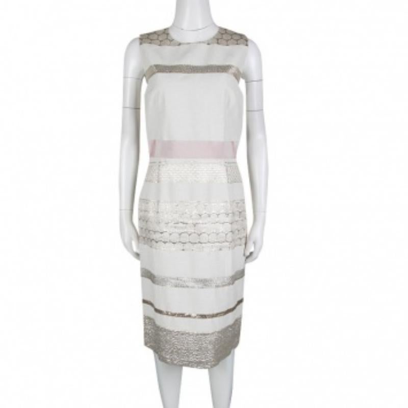 Gray Giambattista Valli Off White Lurex Brocade Striped Cotton Sleeveless Dress M For Sale
