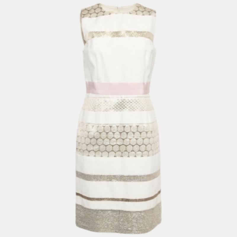 Giambattista Valli Off White Lurex Brocade Striped Cotton Sleeveless Dress M For Sale 2