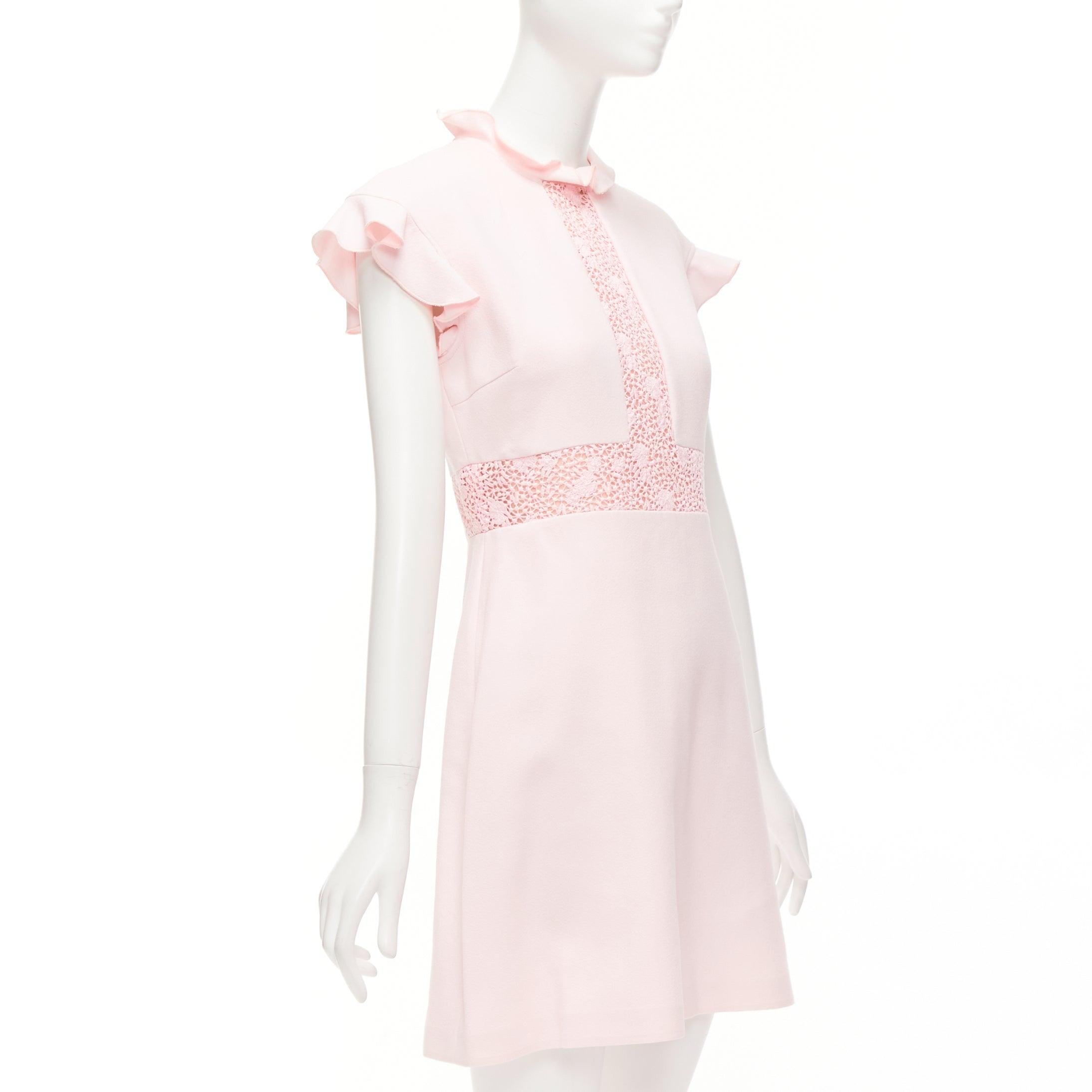 Beige GIAMBATTISTA VALLI pink cotton crepe ruffle lace insert fit flare dress IT42 M For Sale