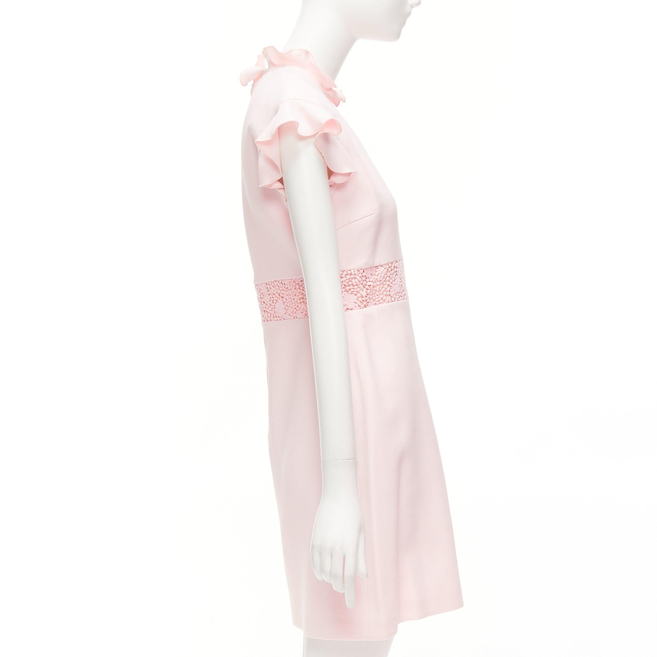 GIAMBATTISTA VALLI pink cotton crepe ruffle lace insert fit flare dress IT42 M In Good Condition For Sale In Hong Kong, NT