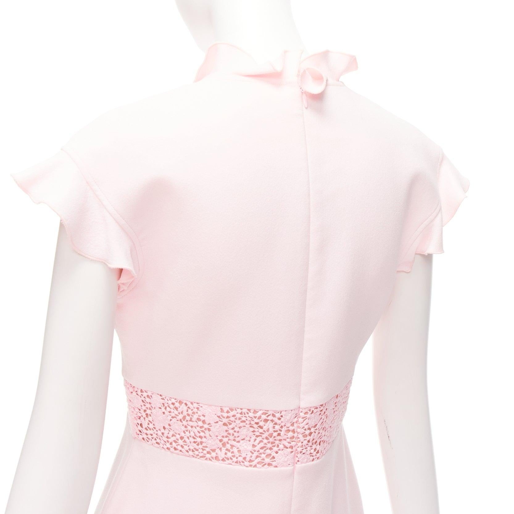 GIAMBATTISTA VALLI pink cotton crepe ruffle lace insert fit flare dress IT42 M For Sale 2