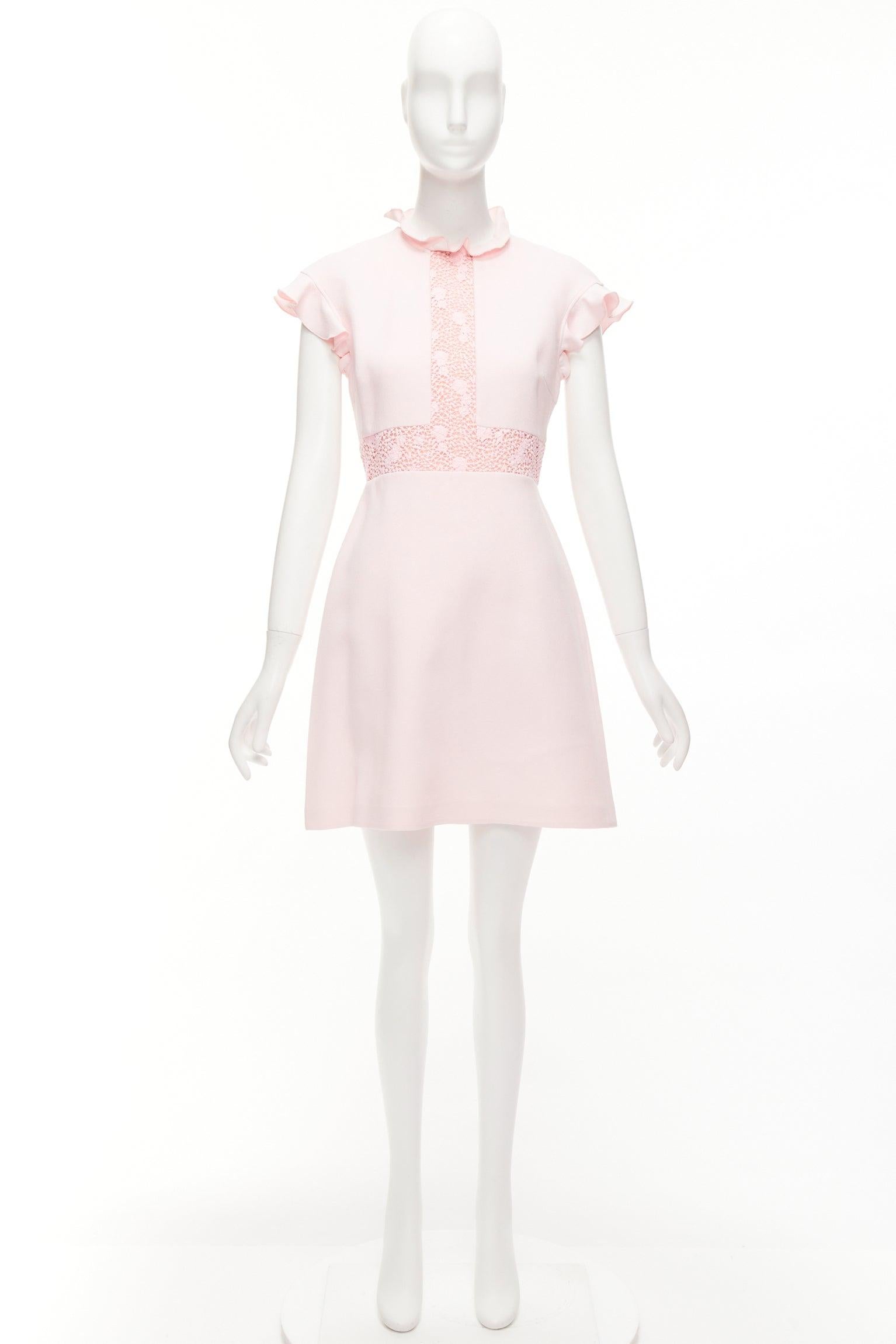 GIAMBATTISTA VALLI pink cotton crepe ruffle lace insert fit flare dress IT42 M For Sale 4