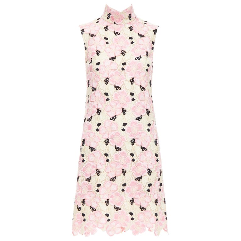 Giambattista Valli Pink Cream Floral Guipure Lace Mock Neck Dress It38 Xxs