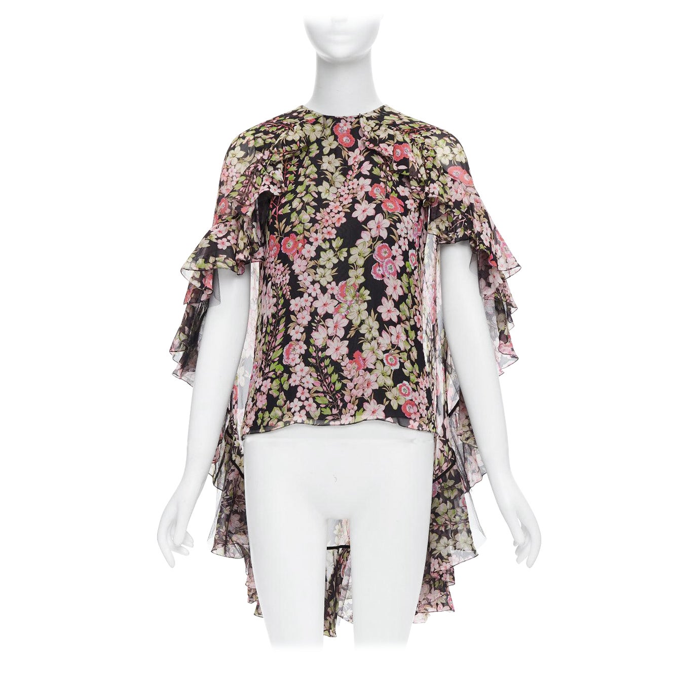 GIAMBATTISTA VALLI pink green floral 100% silk cape back chiffon top IT38 XS