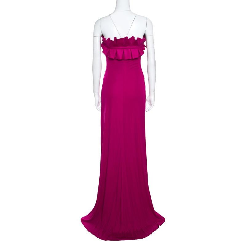 Giambattista Valli Pink Silk Jersey Ruffled Bodice Strapless Gown M In Good Condition In Dubai, Al Qouz 2