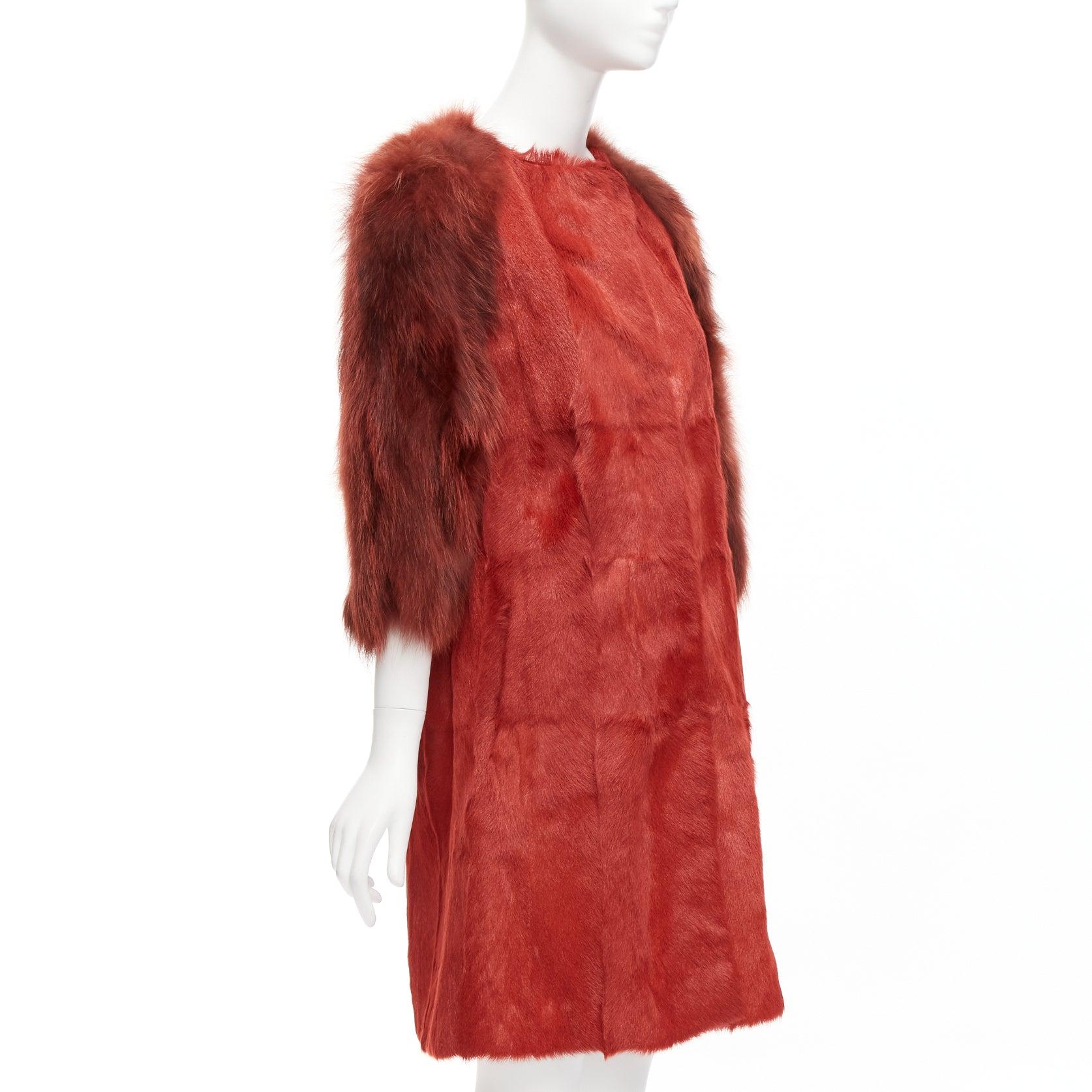 Women's GIAMBATTISTA VALLI red genuine fur patchwork contrast raglan sleeve long coat For Sale