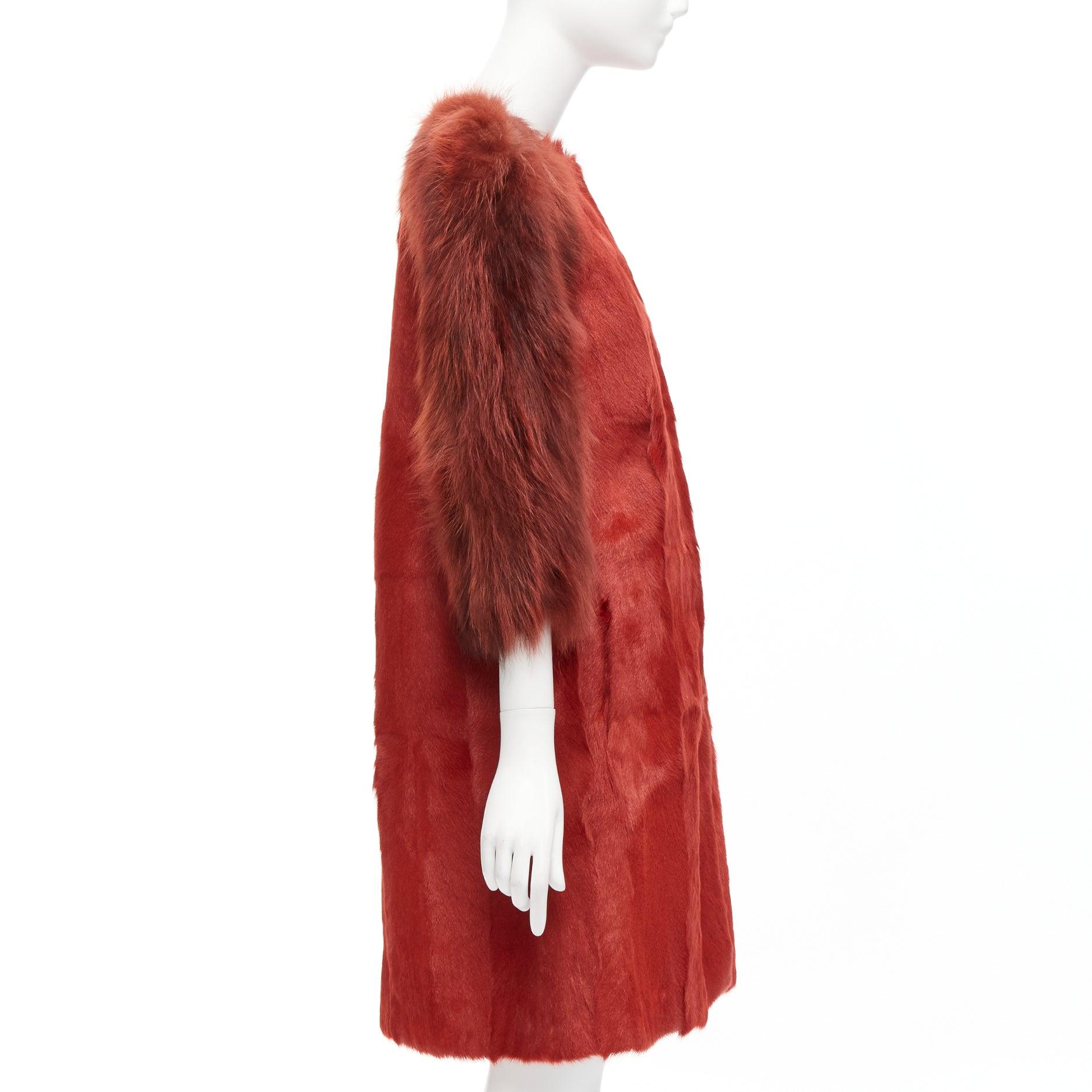 Women's GIAMBATTISTA VALLI red genuine fur patchwork contrast raglan sleeve long coat For Sale