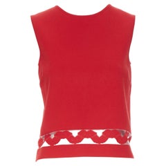 GIAMBATTISTA VALLI red viscose knit sheer jacquard hem trim vest  top XXS