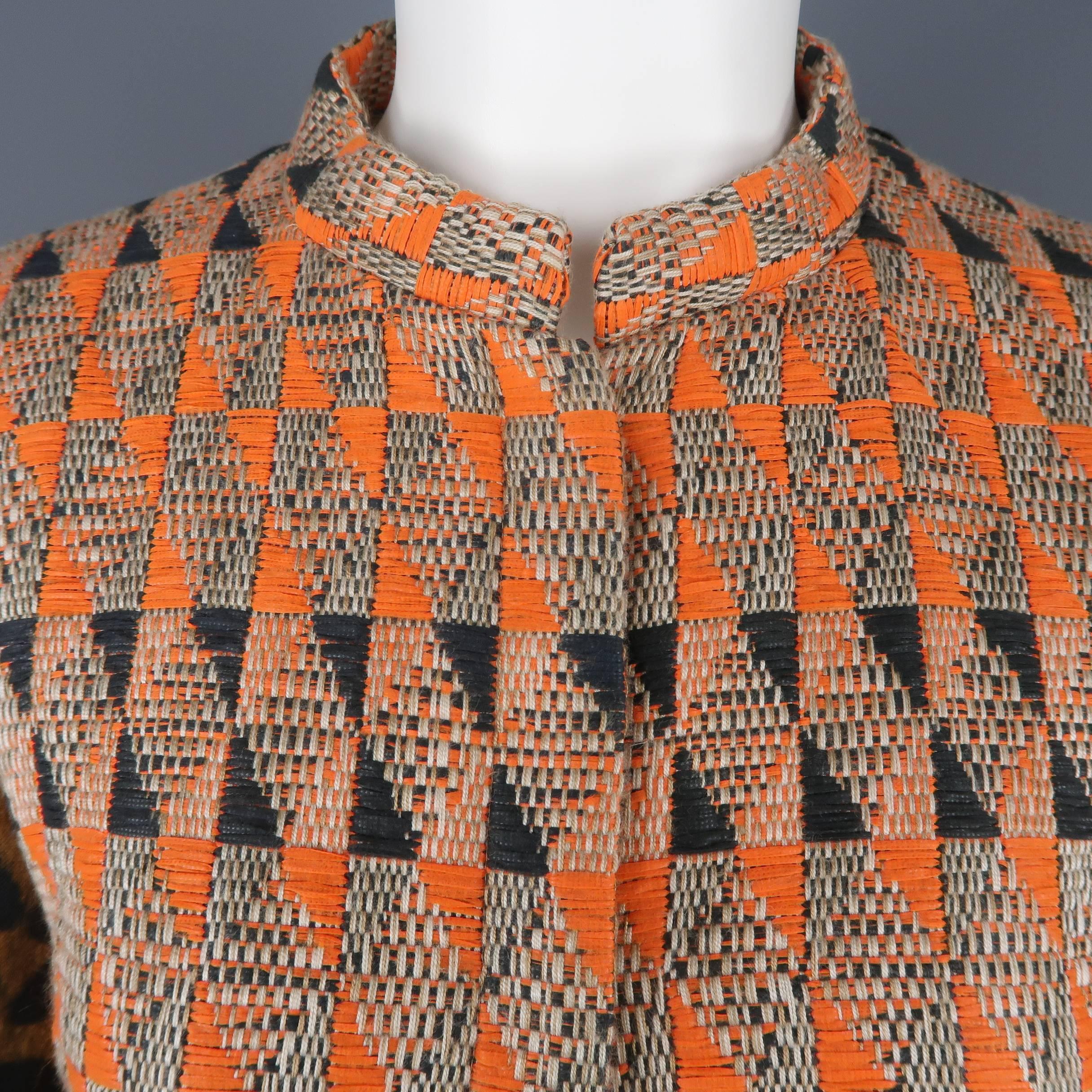 Giambattista Valli Orange Leopard Print Sleeve Beaded Feather Trim Dress In Excellent Condition In San Francisco, CA