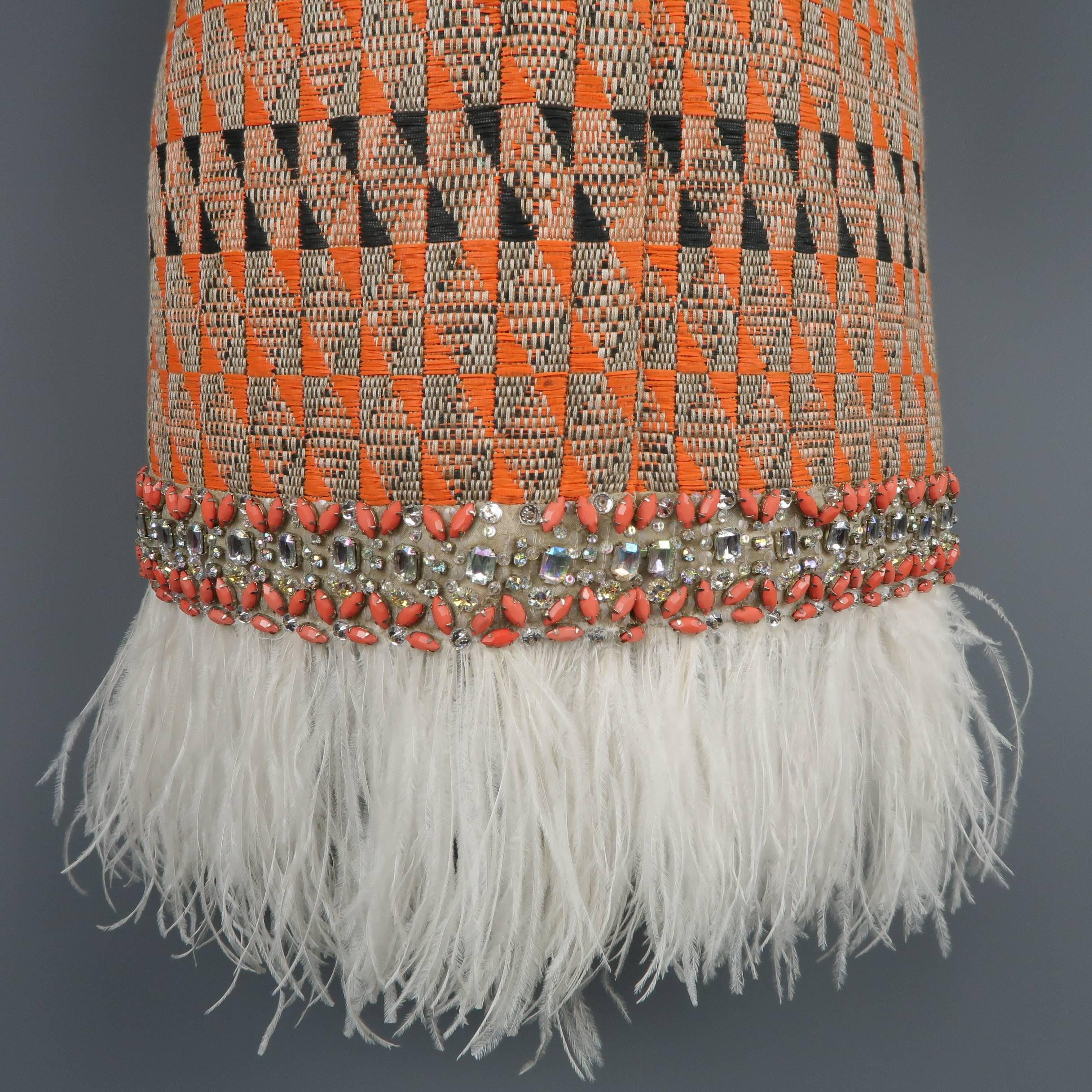 Giambattista Valli Orange Leopard Print Sleeve Beaded Feather Trim Dress 1