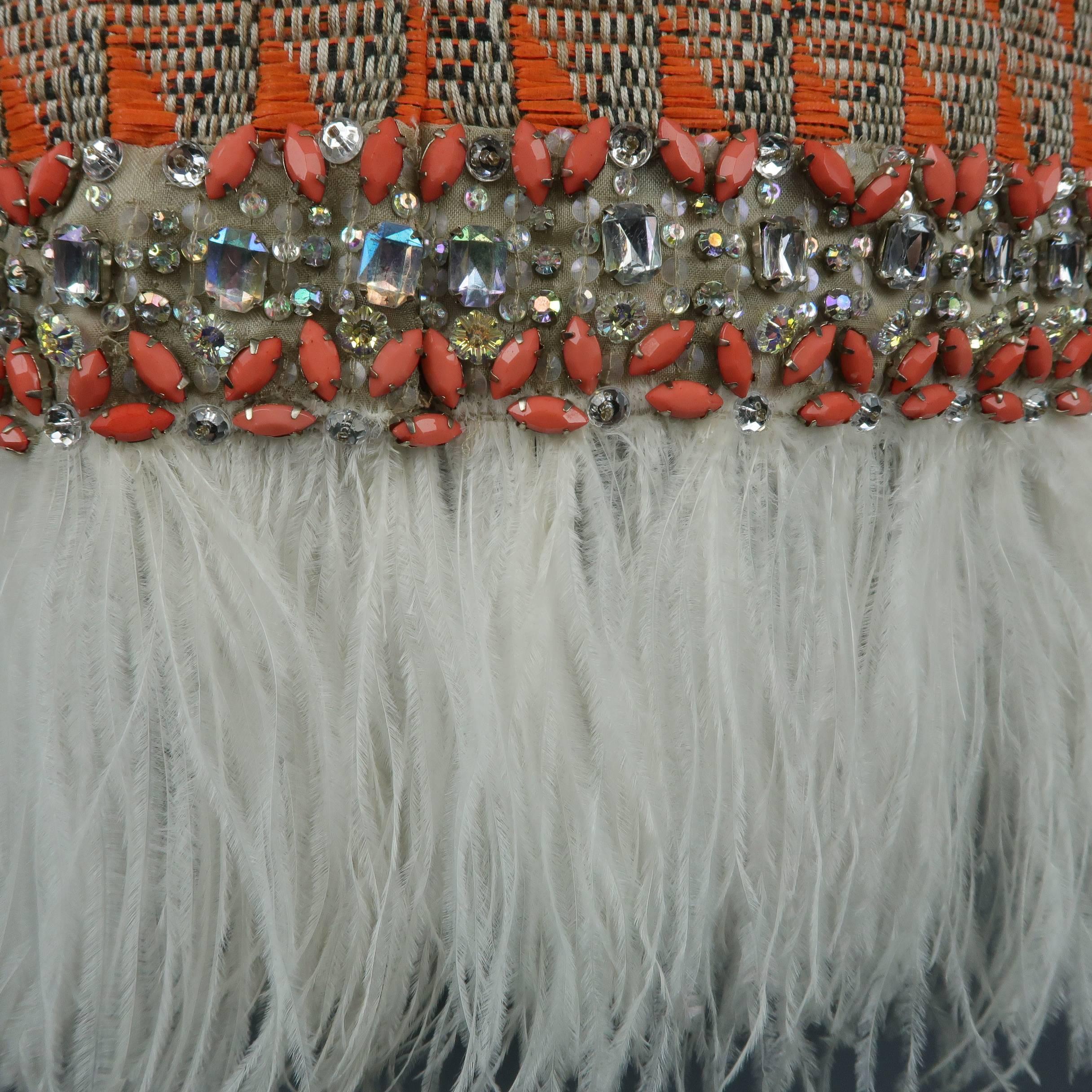Giambattista Valli Orange Leopard Print Sleeve Beaded Feather Trim Dress 2
