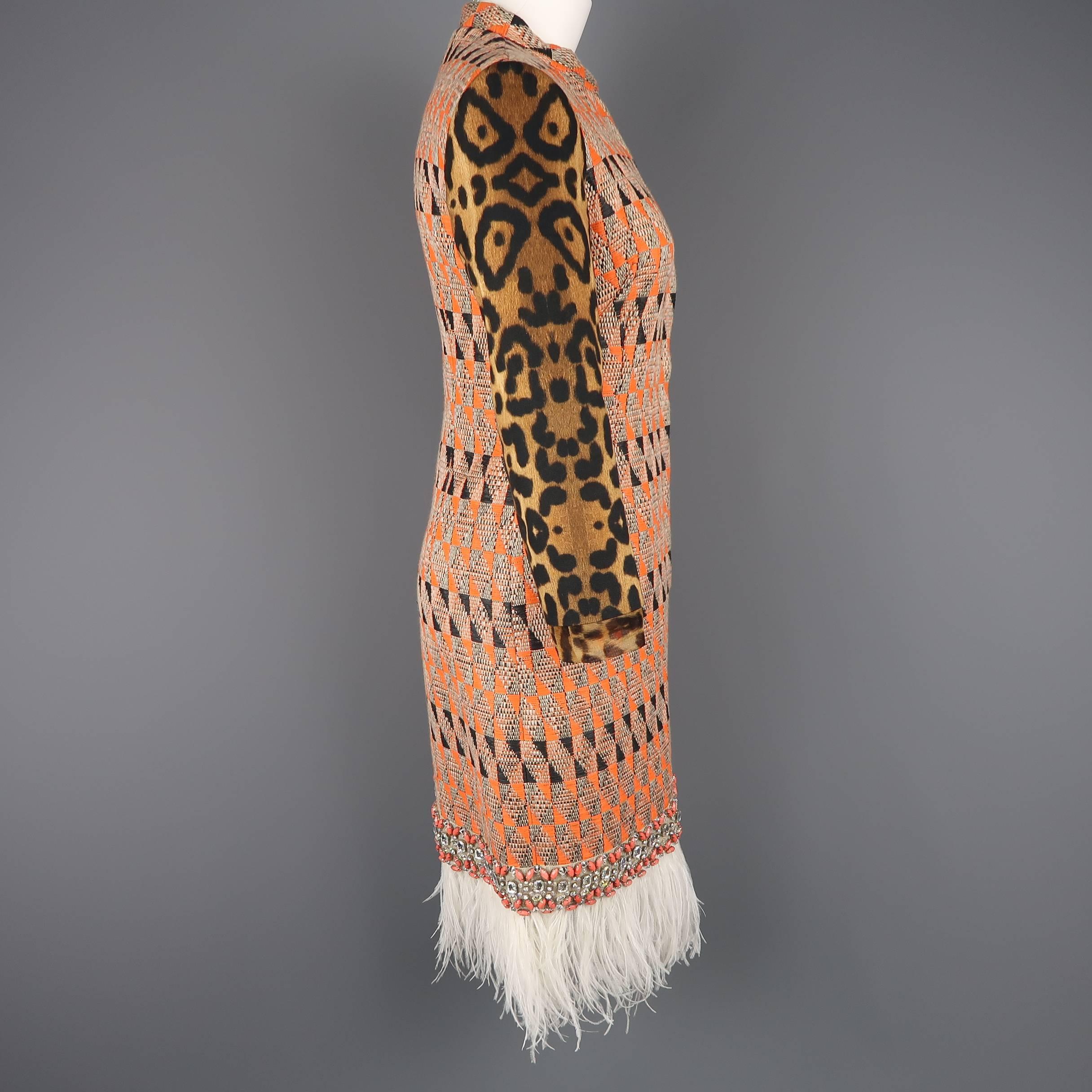 Giambattista Valli Orange Leopard Print Sleeve Beaded Feather Trim Dress 3