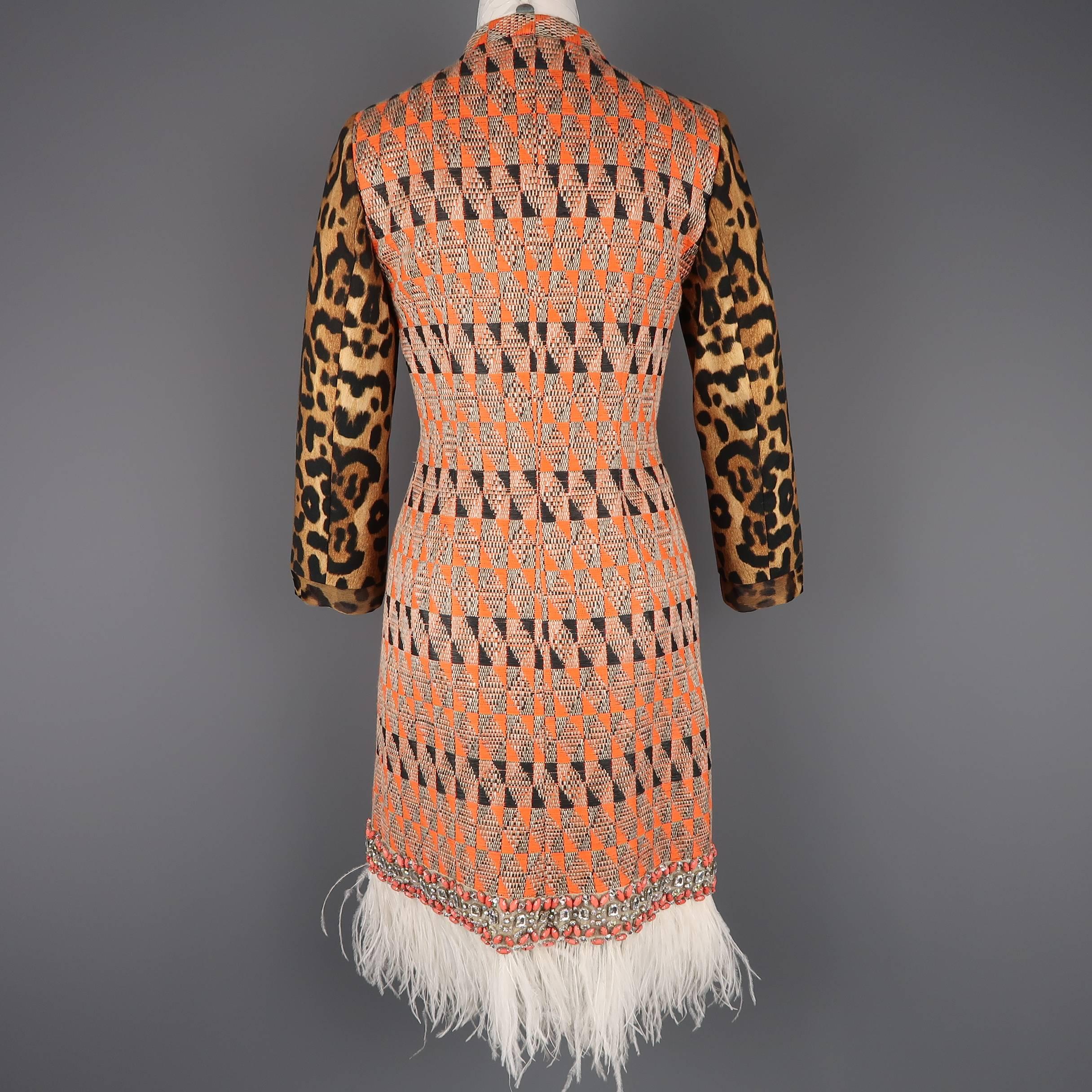 Giambattista Valli Orange Leopard Print Sleeve Beaded Feather Trim Dress 4