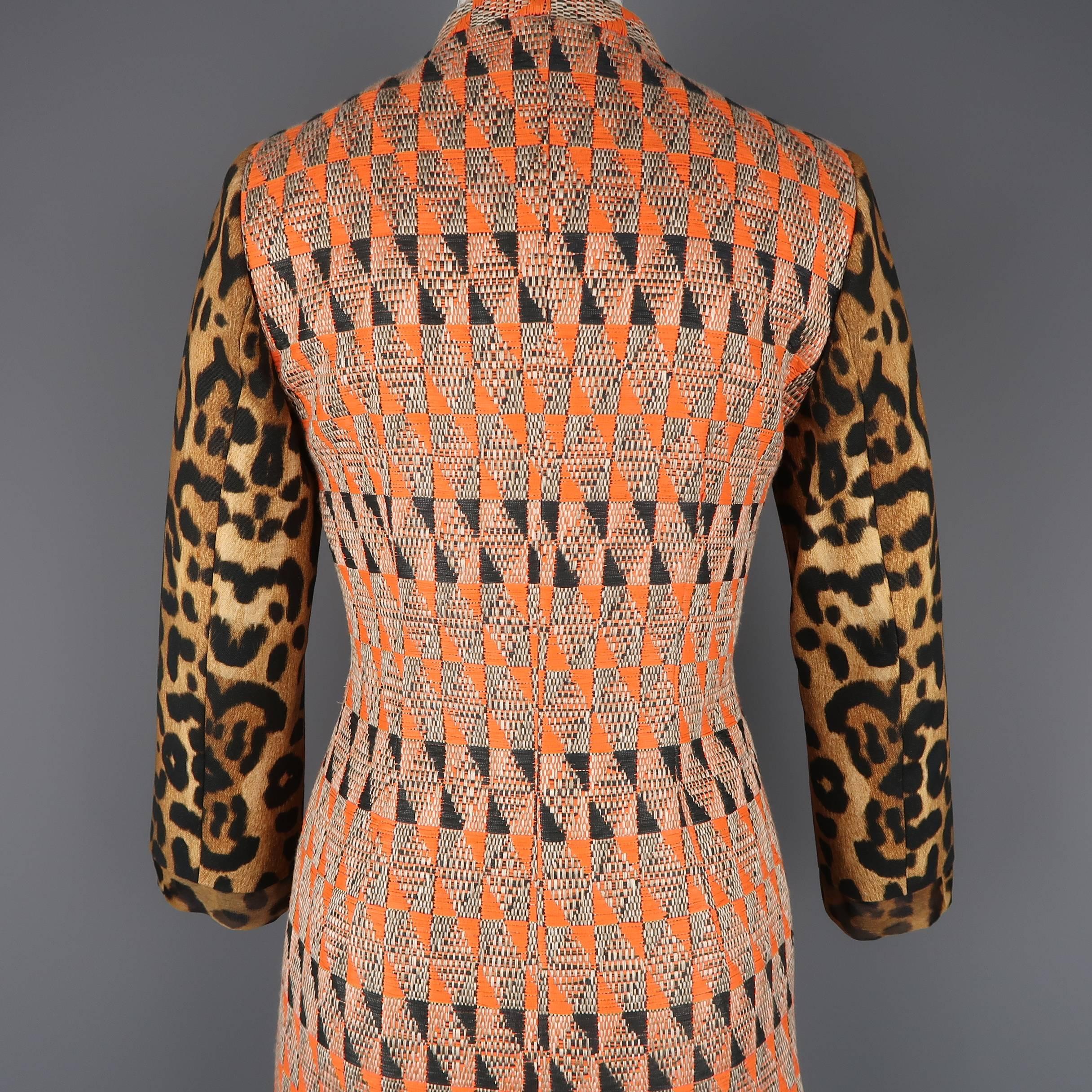 Giambattista Valli Orange Leopard Print Sleeve Beaded Feather Trim Dress 5
