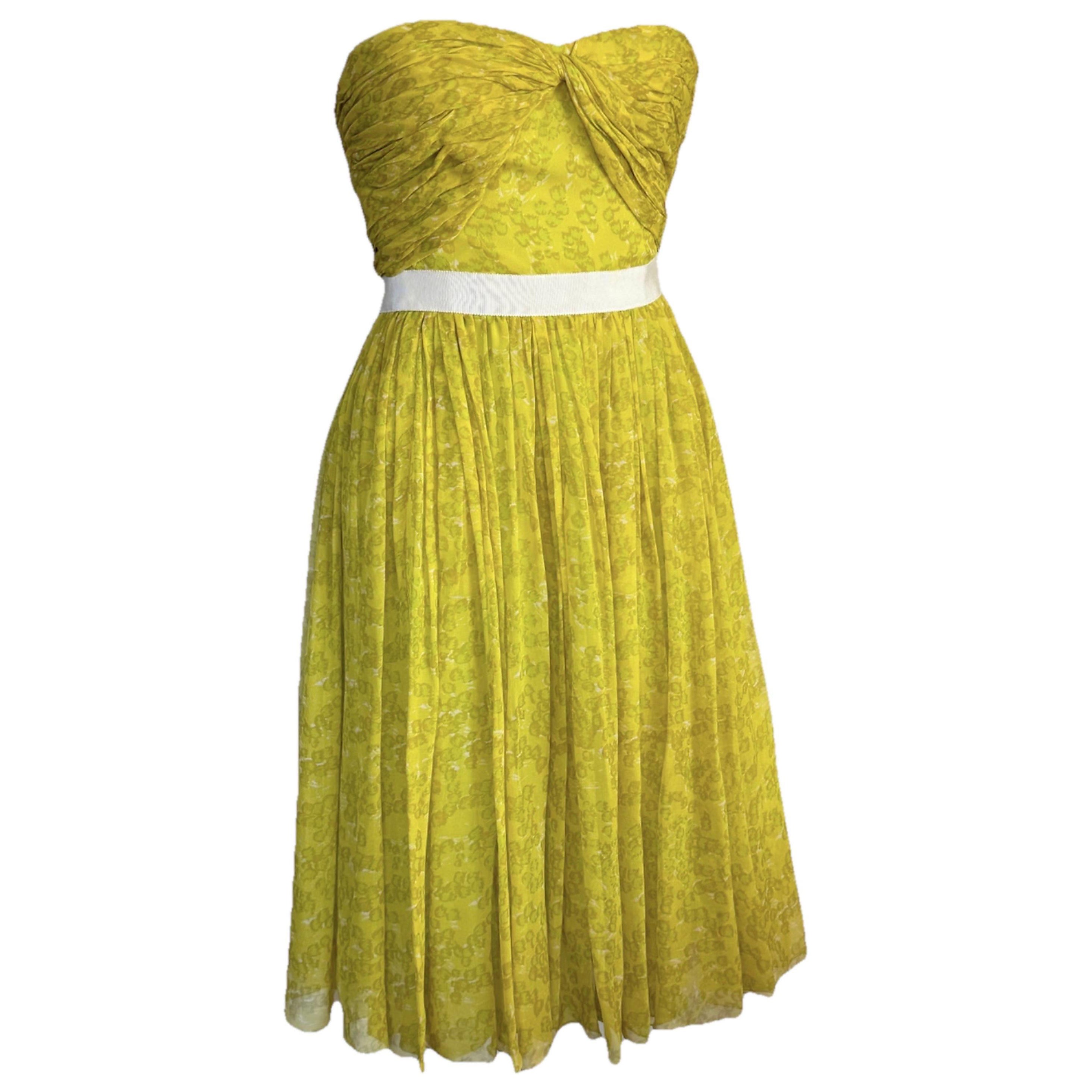 GIAMBATTISTA VALLI S/S 2012 Vestido corsé de gasa de seda floral amarilla en venta