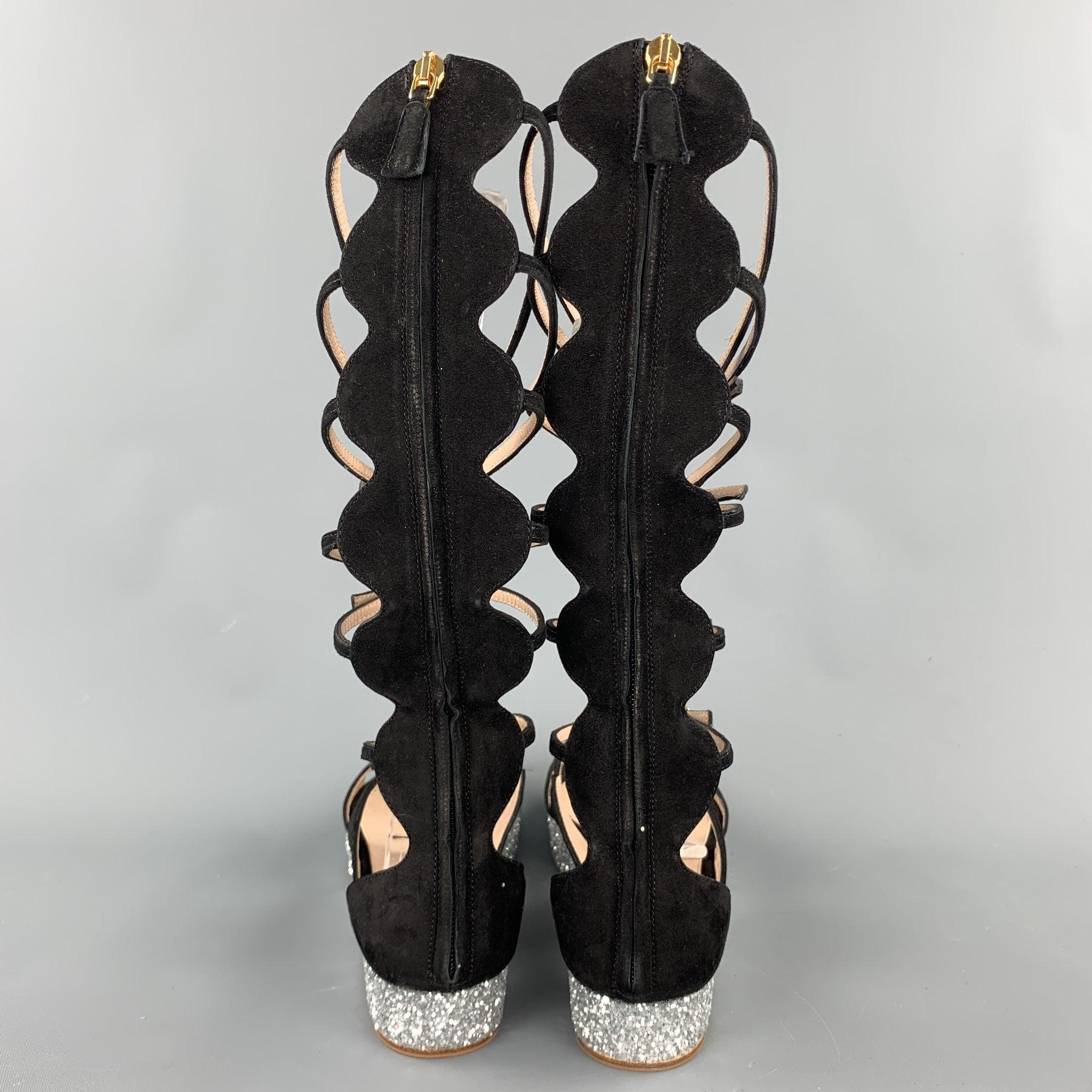 GIAMBATTISTA VALLI S/S 2016 Size 8 Black Suede Glitter Gladiator Sandals For Sale 1