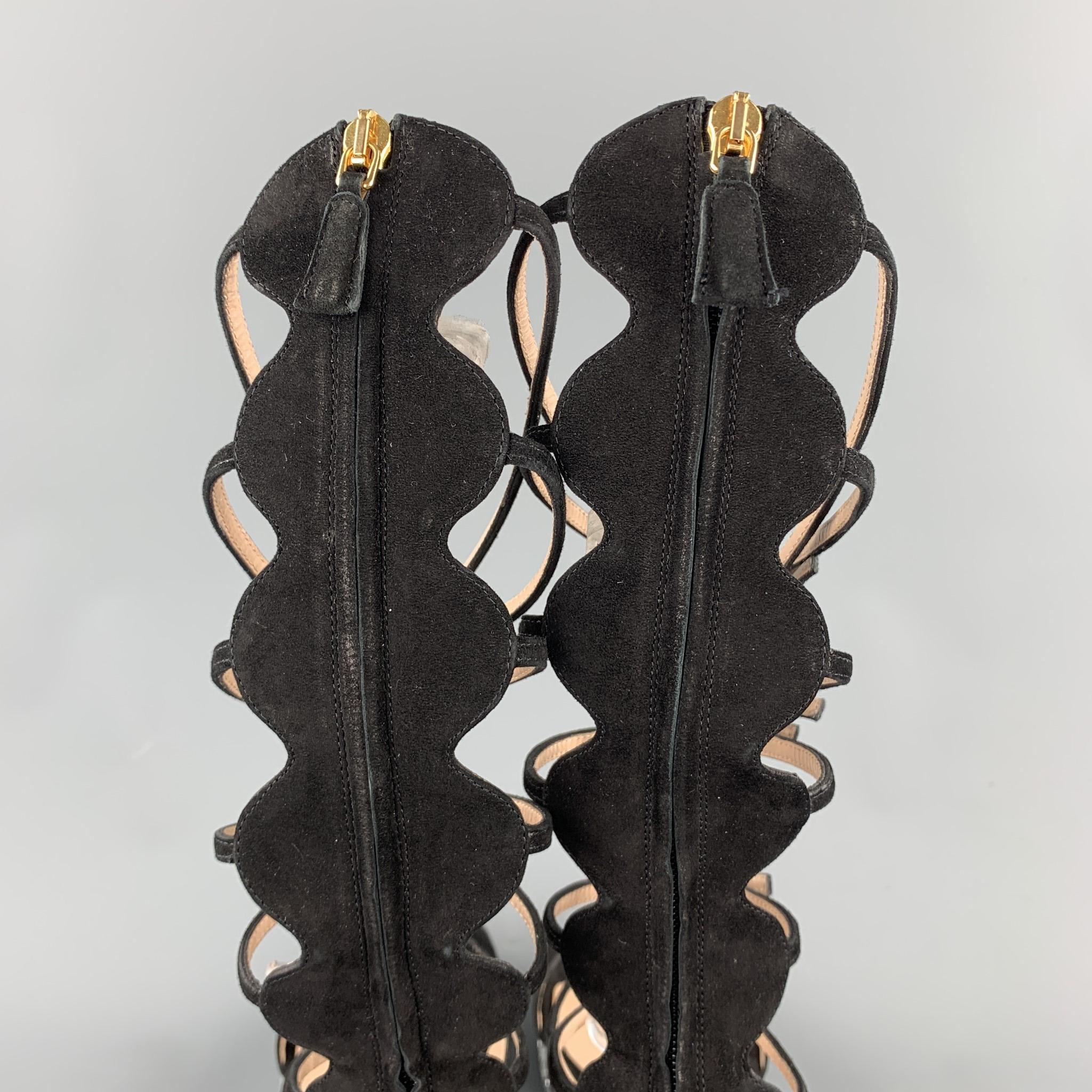 Women's GIAMBATTISTA VALLI S/S 2016 Size 8 Black Suede Glitter Gladiator Sandals
