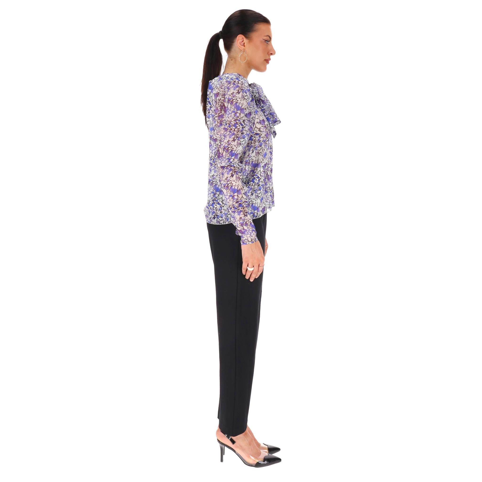 Gray Giambattista Valli Silk Tie-Neck Floral Top For Sale