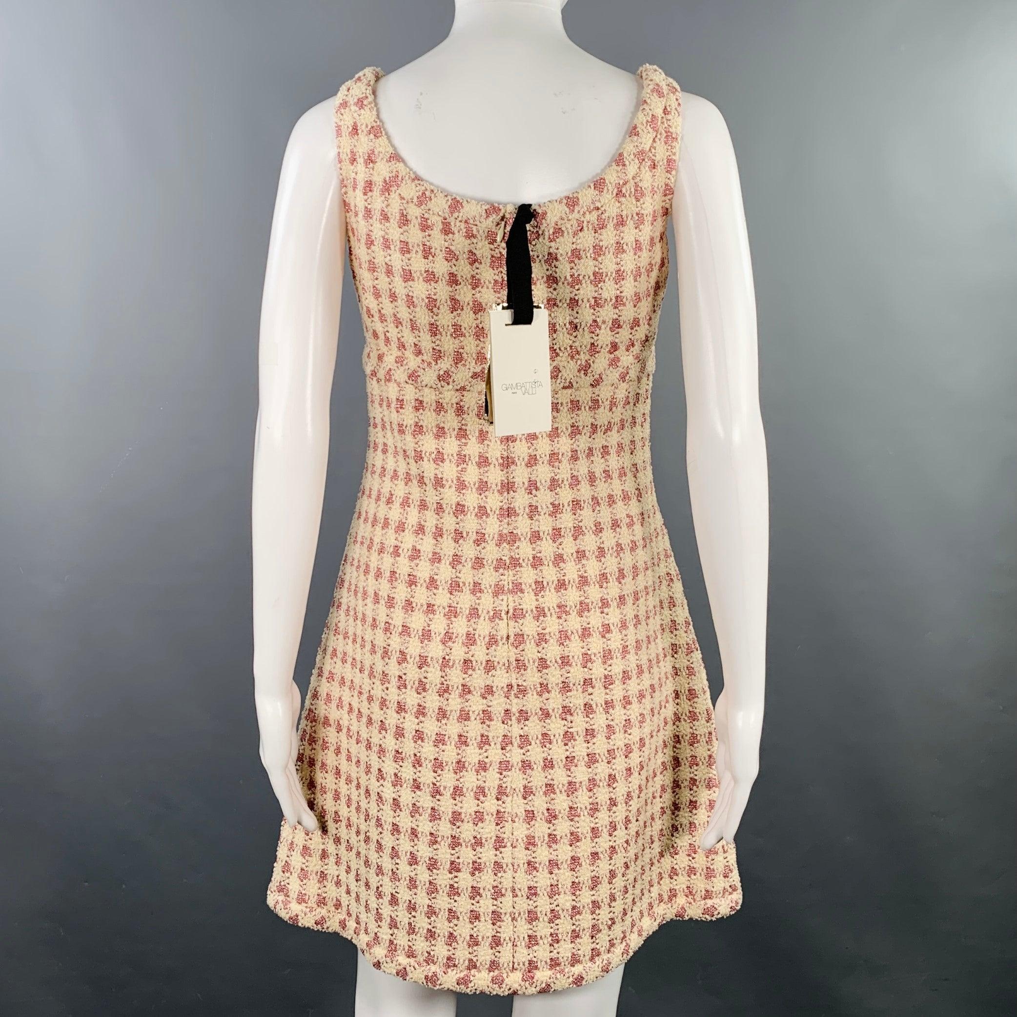 Women's GIAMBATTISTA VALLI Size 4 Cream Pink Cotton Blend Houndstooth A-Line Dress For Sale
