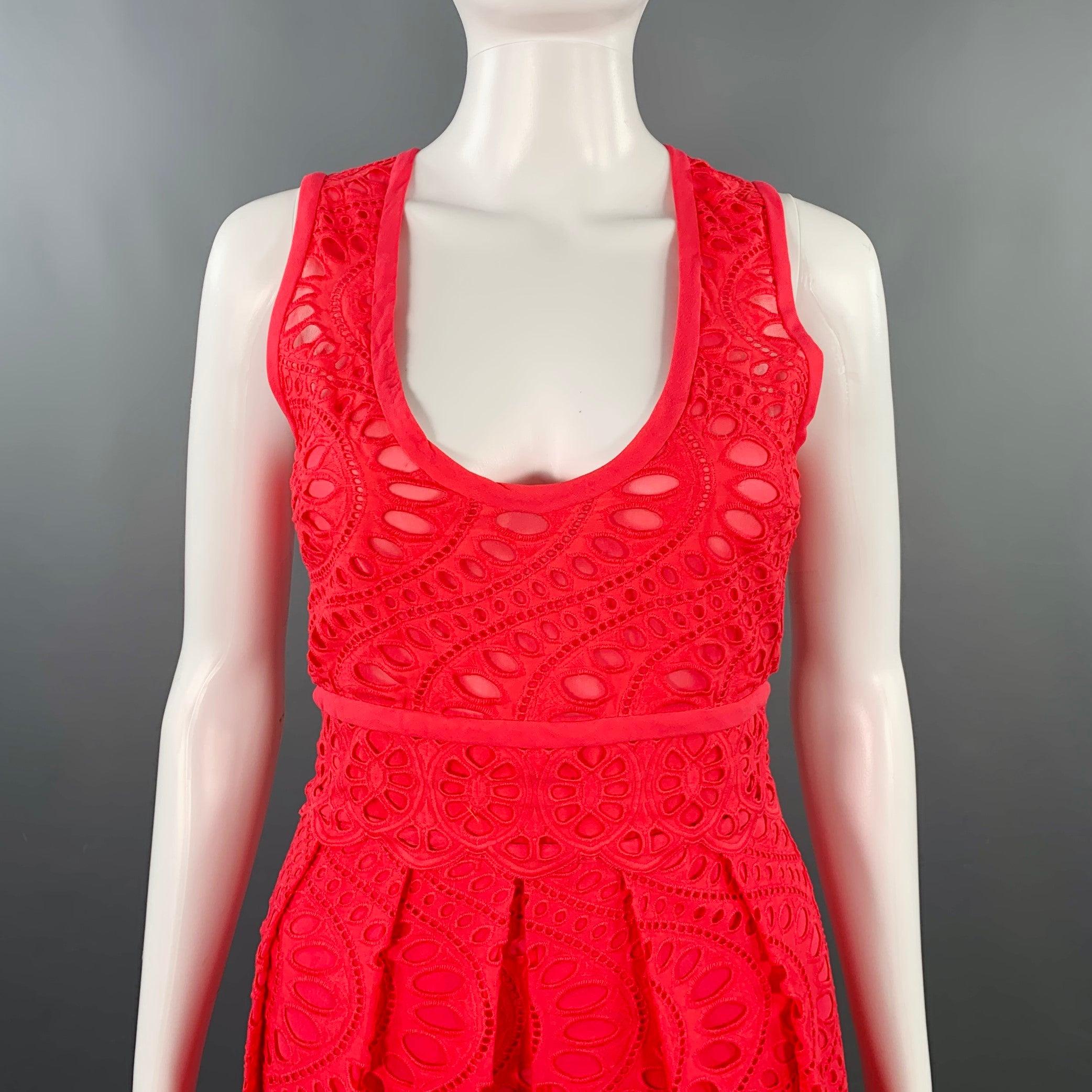 GIAMBATTISTA VALLI dress
in a fuchsia pink cotton woven fabric featuring an all over eyelet design, pleated skirt, and plunging neckline. Made in Italy.Excellent Pre-Owned Condition. 

Marked:   IT 40 

Measurements: 
 
Shoulder: 11.5 inches Bust: