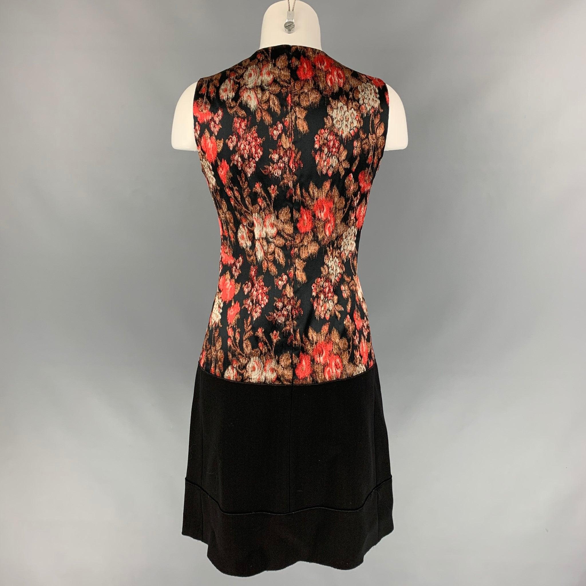 Women's GIAMBATTISTA VALLI Size 6 Black Coral Jacquard Polyester Blend Below Knee Dress For Sale
