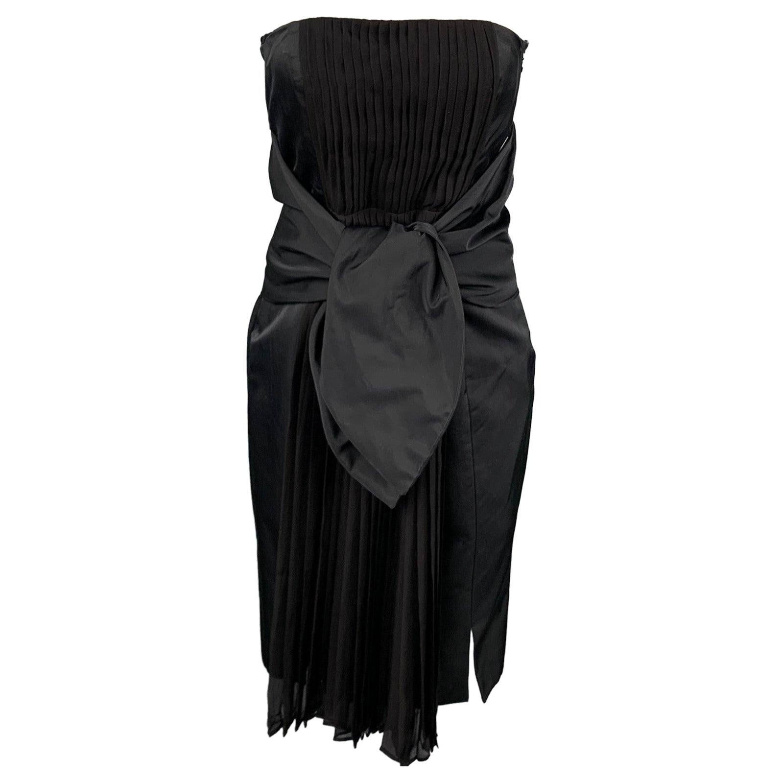 GIAMBATTISTA VALLI Größe 6 Schwarzes plissiertes Cocktailkleid aus Baumwolle/Seide mit Taille und Krawatte