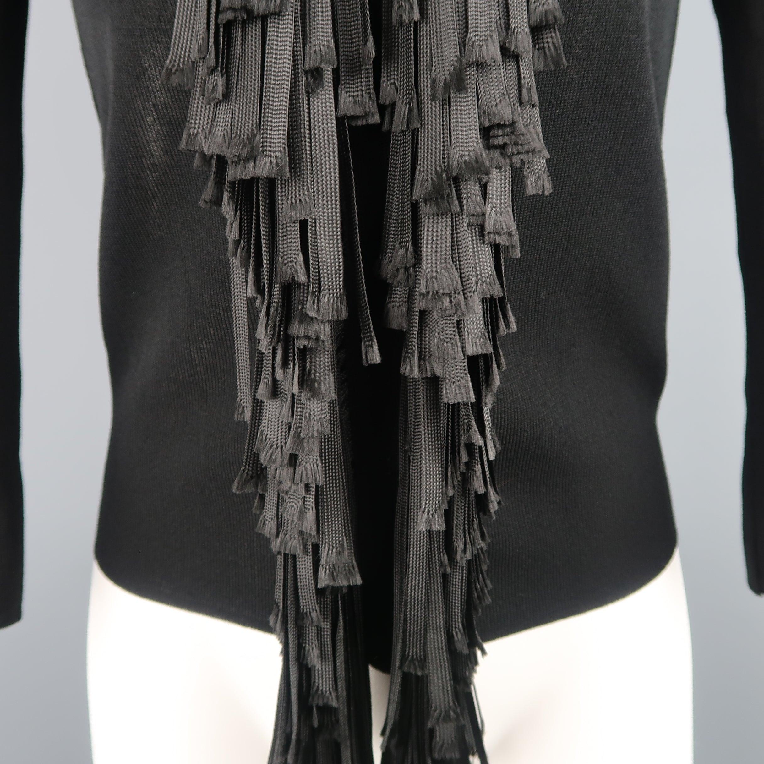 GIAMBATTISTA VALLI Size S Black Scoop Neck Ribbon Fringe Snap Cardigan In Excellent Condition For Sale In San Francisco, CA