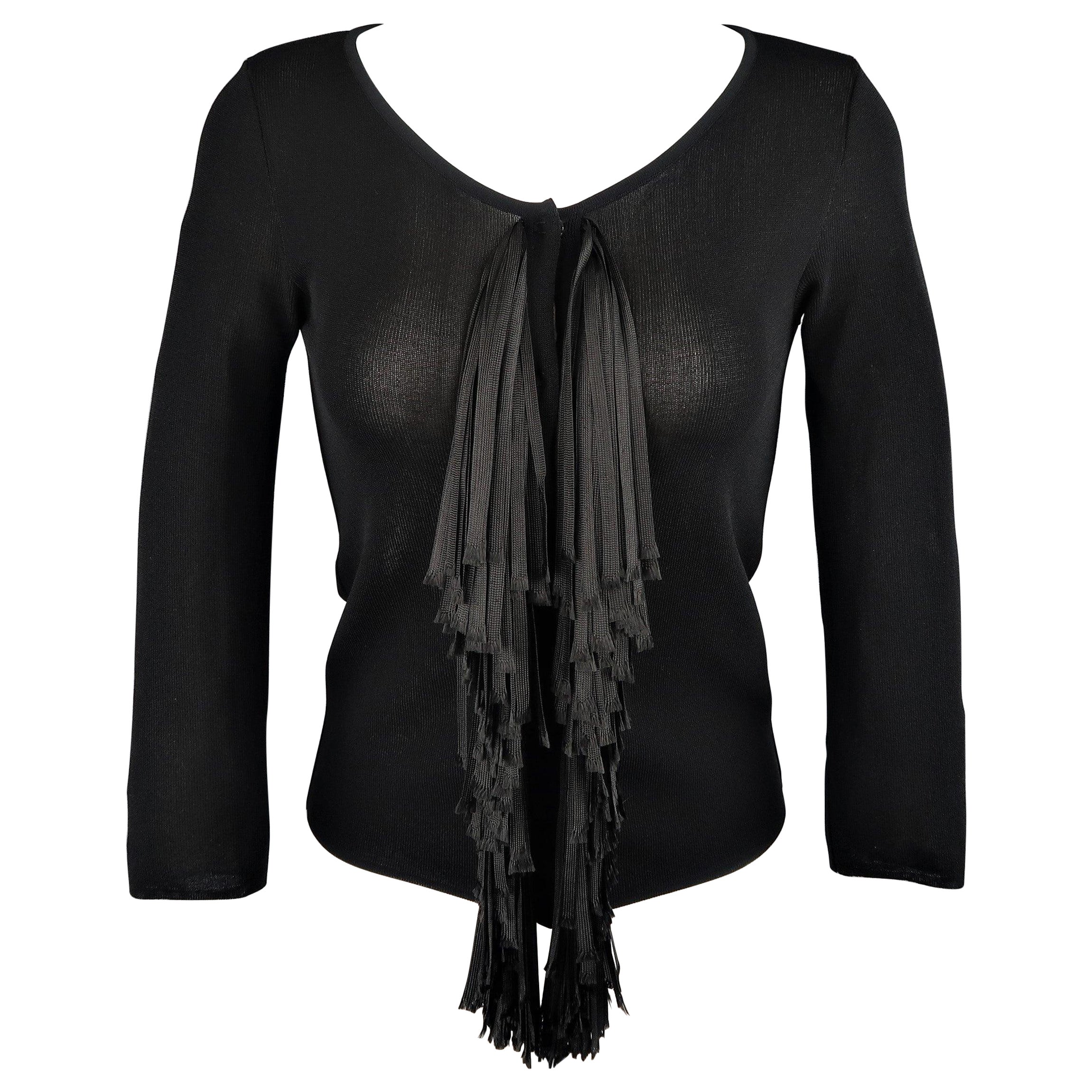 Giambattista Valli Taglia S Cardigan nero a collo alto con frange e nastri, con chiusura a scatto