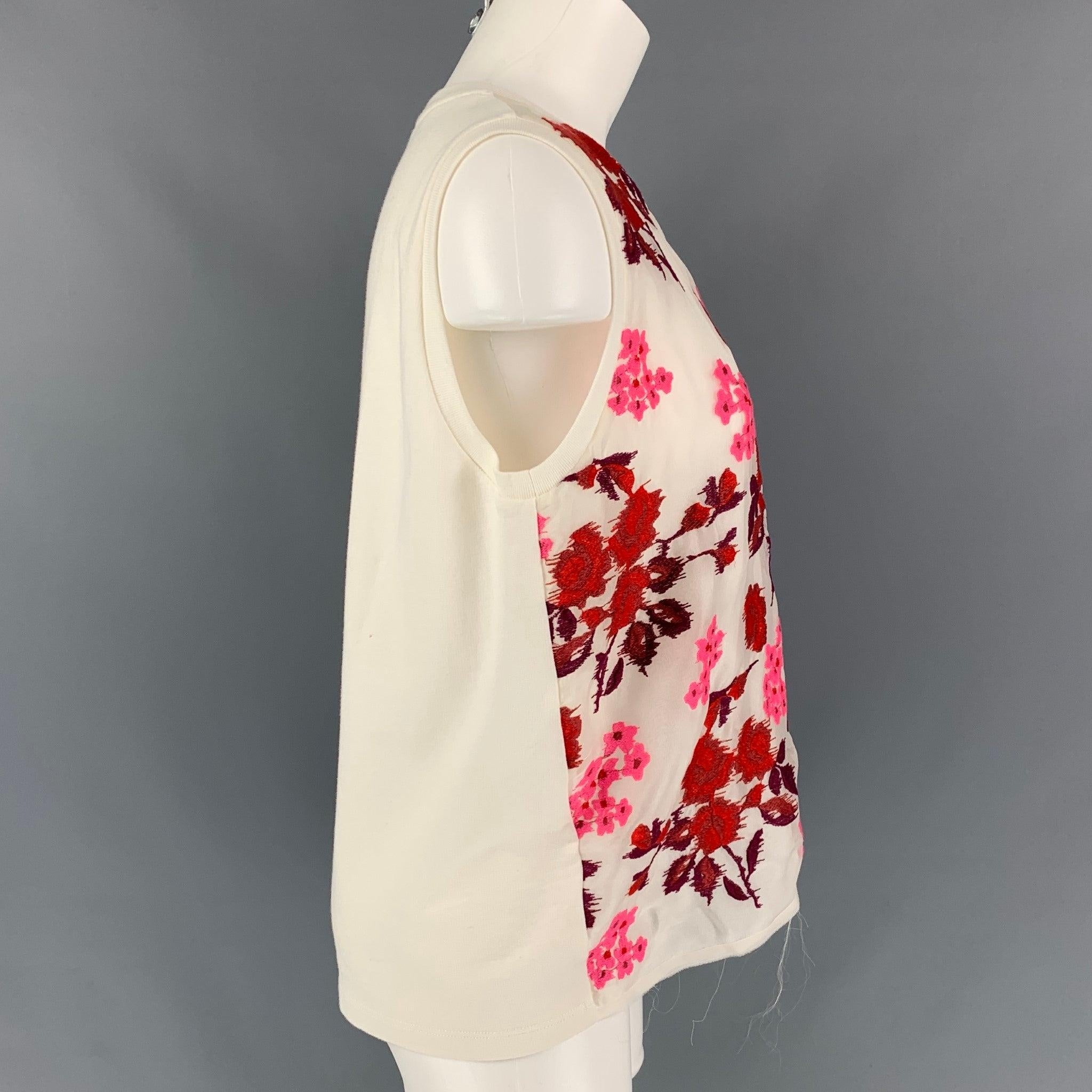 GIAMBATTISTA VALLI Size S White & Burgundy Cotton / Silk Floral Dress Top In Good Condition For Sale In San Francisco, CA