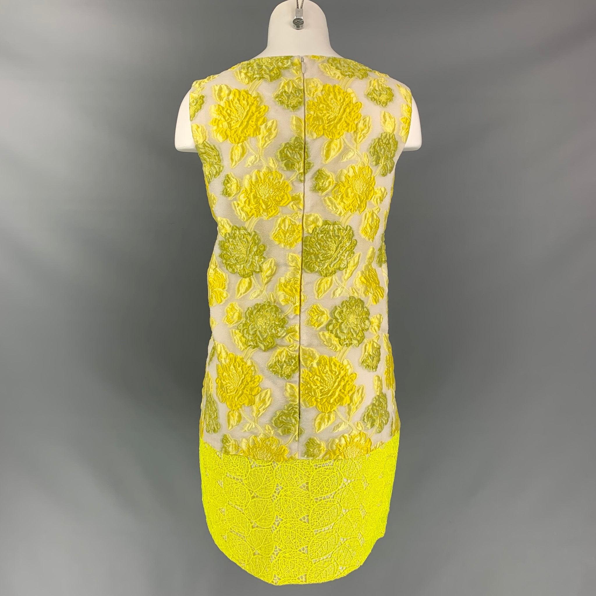 GIAMBATTISTA VALLI Size S Yellow & Beige Polyester Blend Jacquard Lace Dress In Good Condition In San Francisco, CA