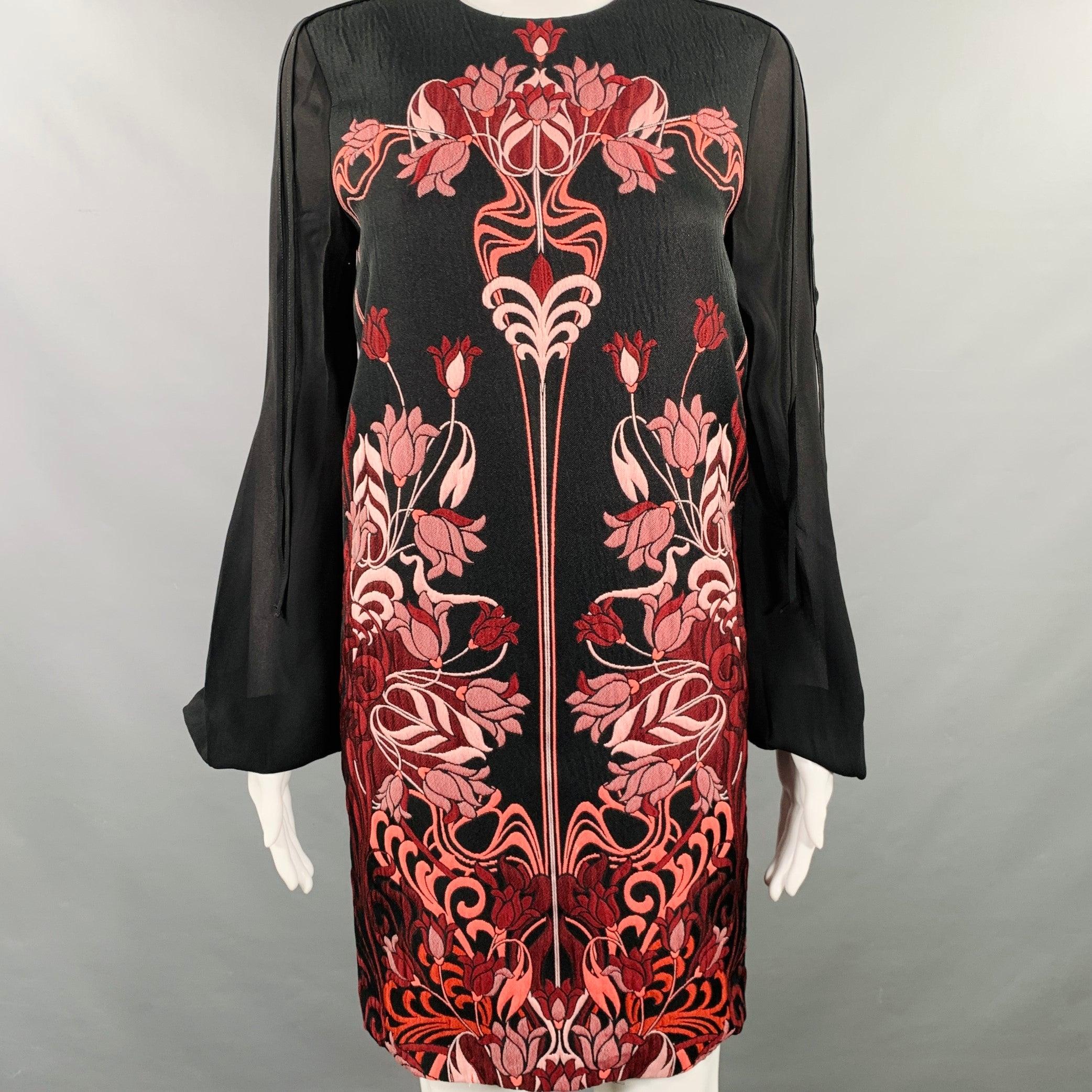 GIAMBA by GIAMBATTISTA VALLI dress
in a black and burgundy polyester blend featuring a floral embroidered front, bishop sleeves, and back zipper closure. Made in Romania.Excellent Pre-Owned Condition. 

Marked:   IT 38/XXS (fits like XS)