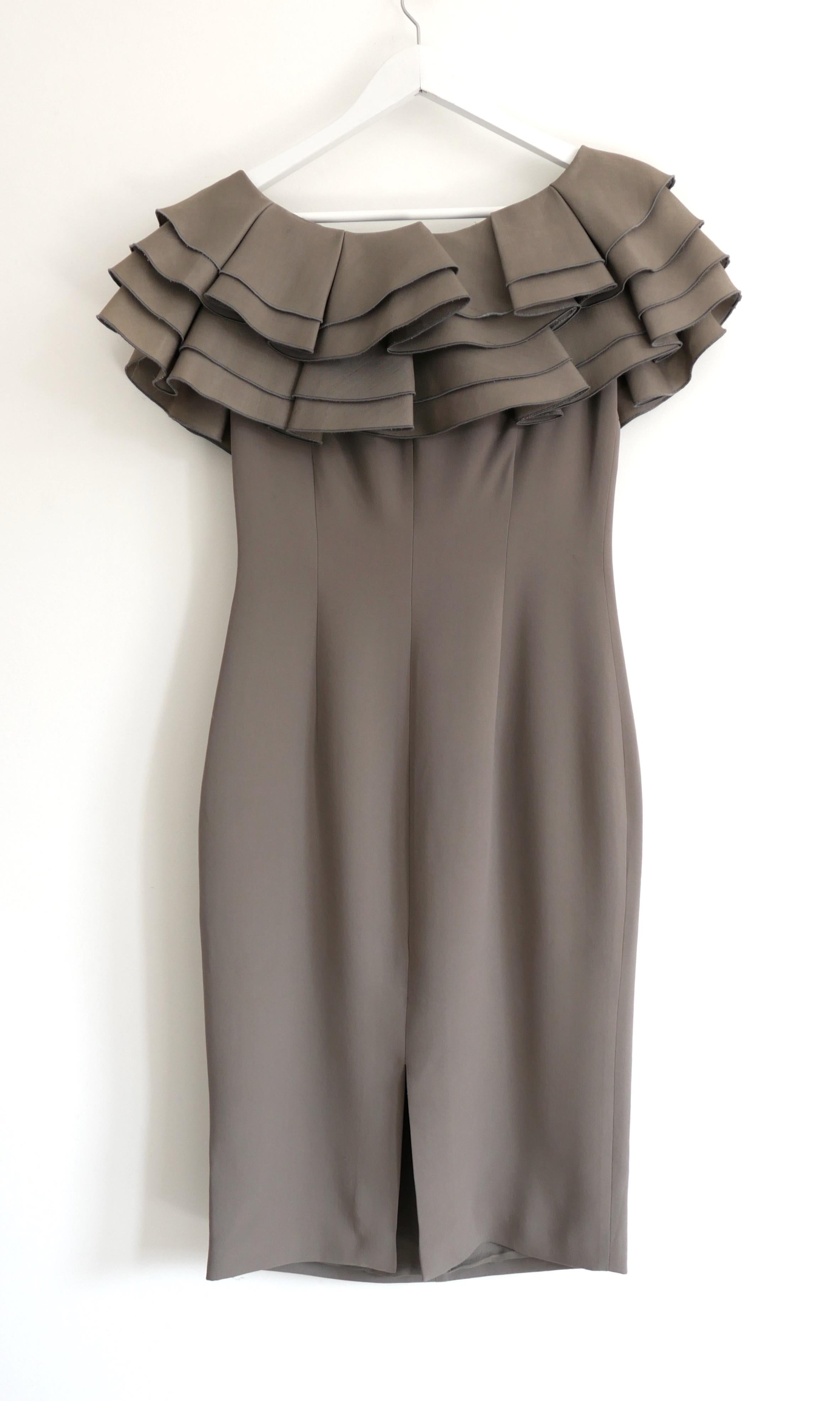 Gray Giambattista Valli Taupe Ruffle Shoulder Shift Dress For Sale
