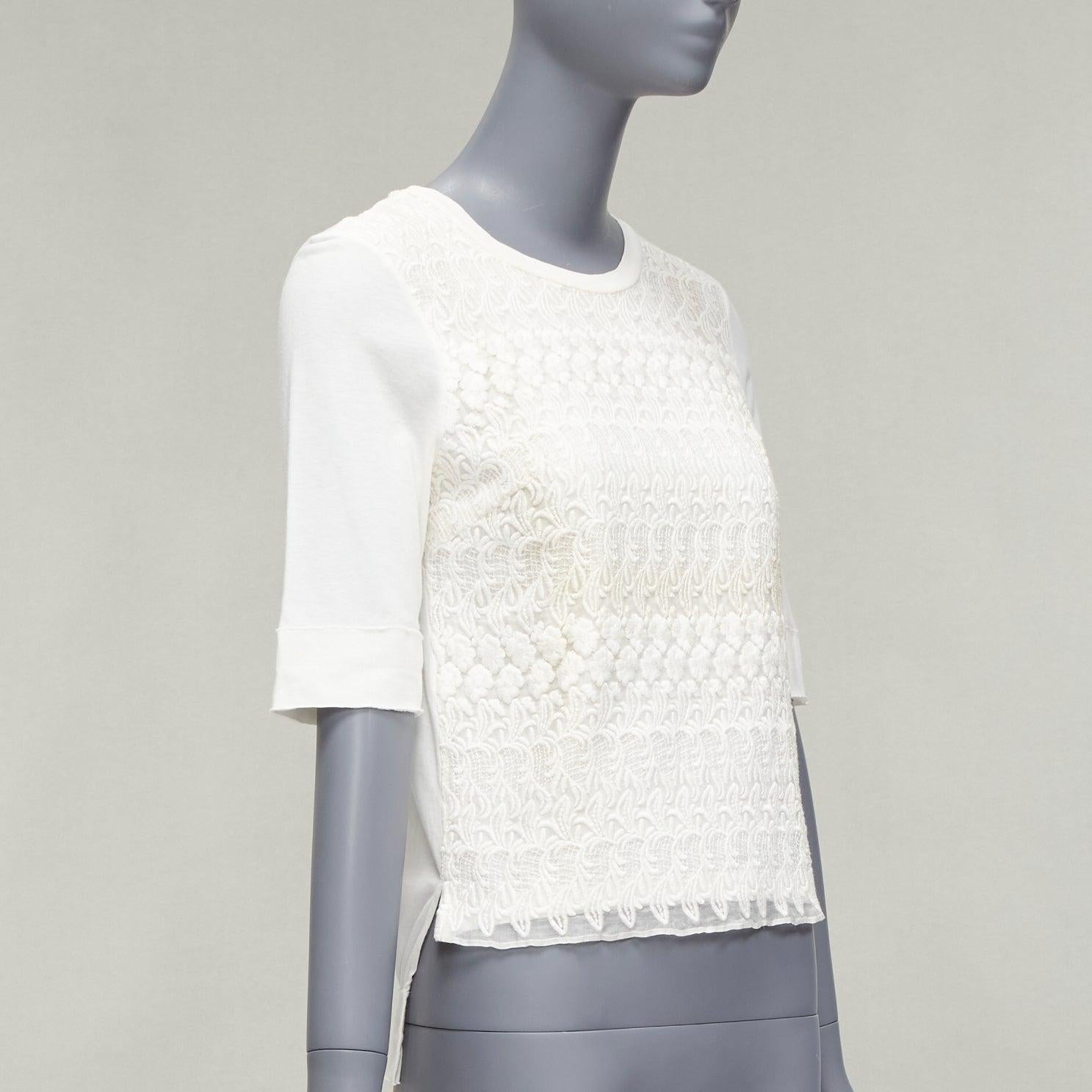Gray GIAMBATTISTA VALLI white cotton blend lace overlay front tshirt IT38 XS For Sale