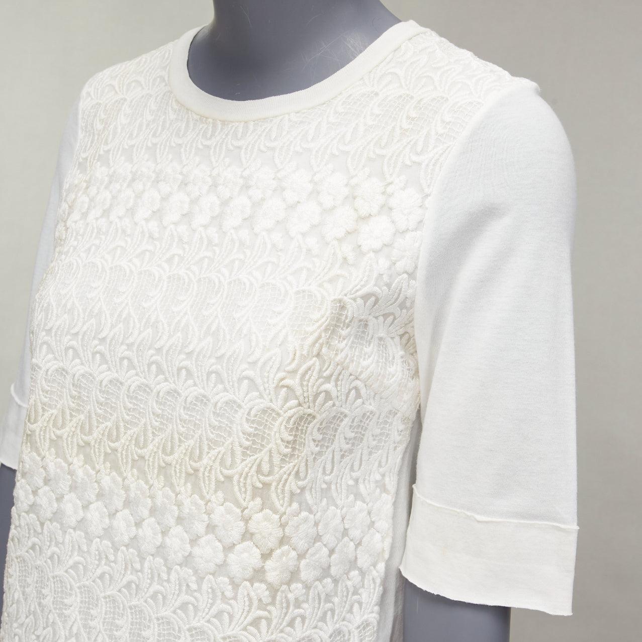 GIAMBATTISTA VALLI white cotton blend lace overlay front tshirt IT38 XS For Sale 3