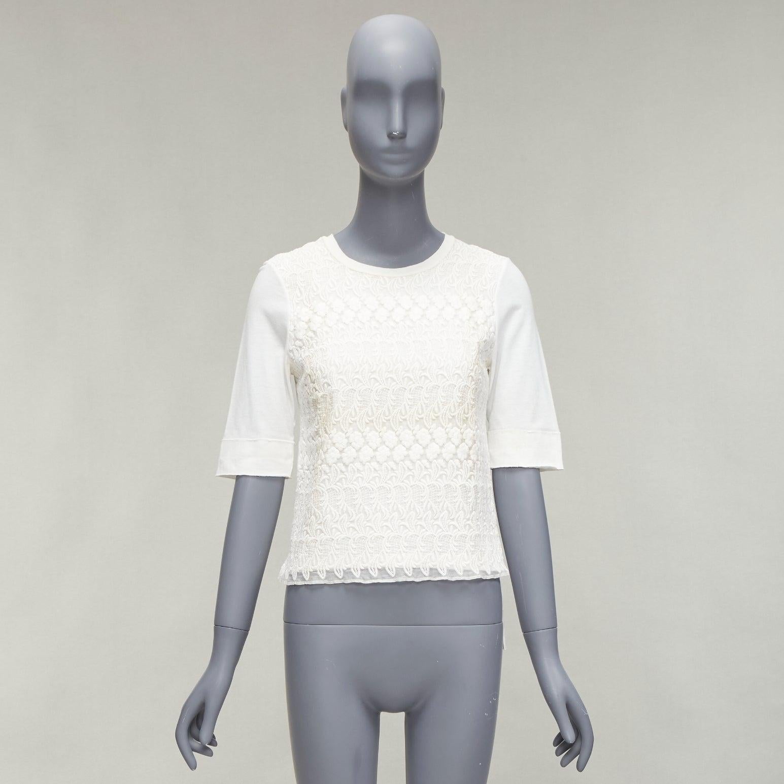 GIAMBATTISTA VALLI white cotton blend lace overlay front tshirt IT38 XS For Sale 4