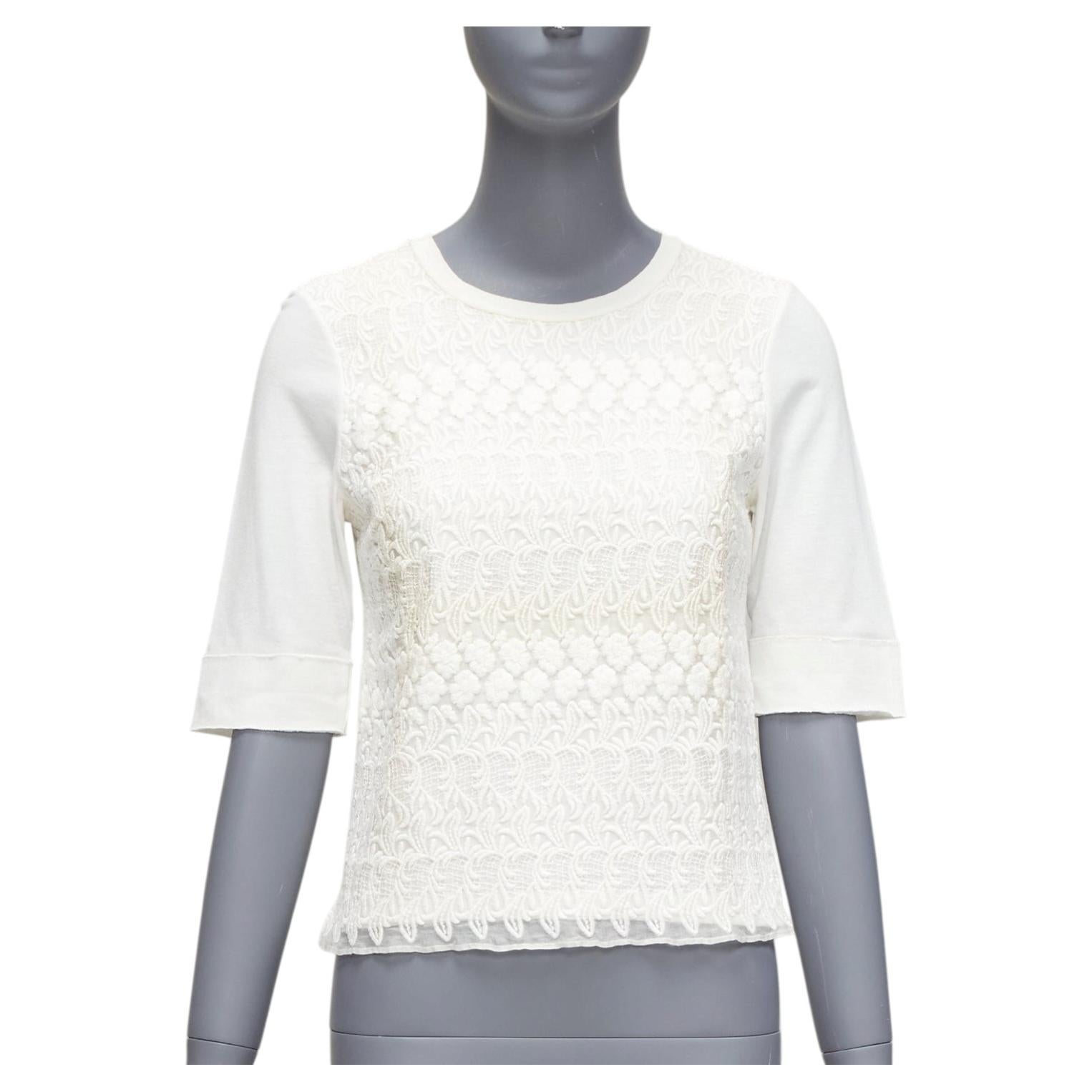 GIAMBATTISTA VALLI - T-shirt blanc en coton mélangé avec superposition de dentelle sur le devant IT38 XS en vente