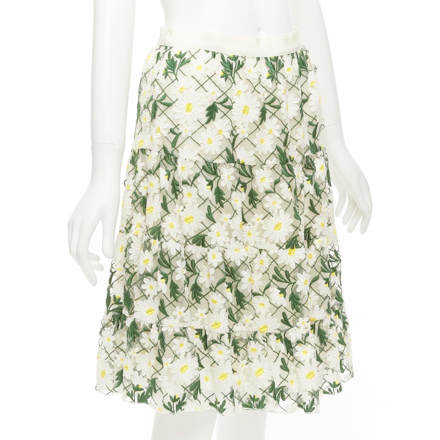 GIAMBATTISTA VALLI white green embroidered daisy cotton blend midi skirt IT38 XS In Excellent Condition For Sale In Hong Kong, NT