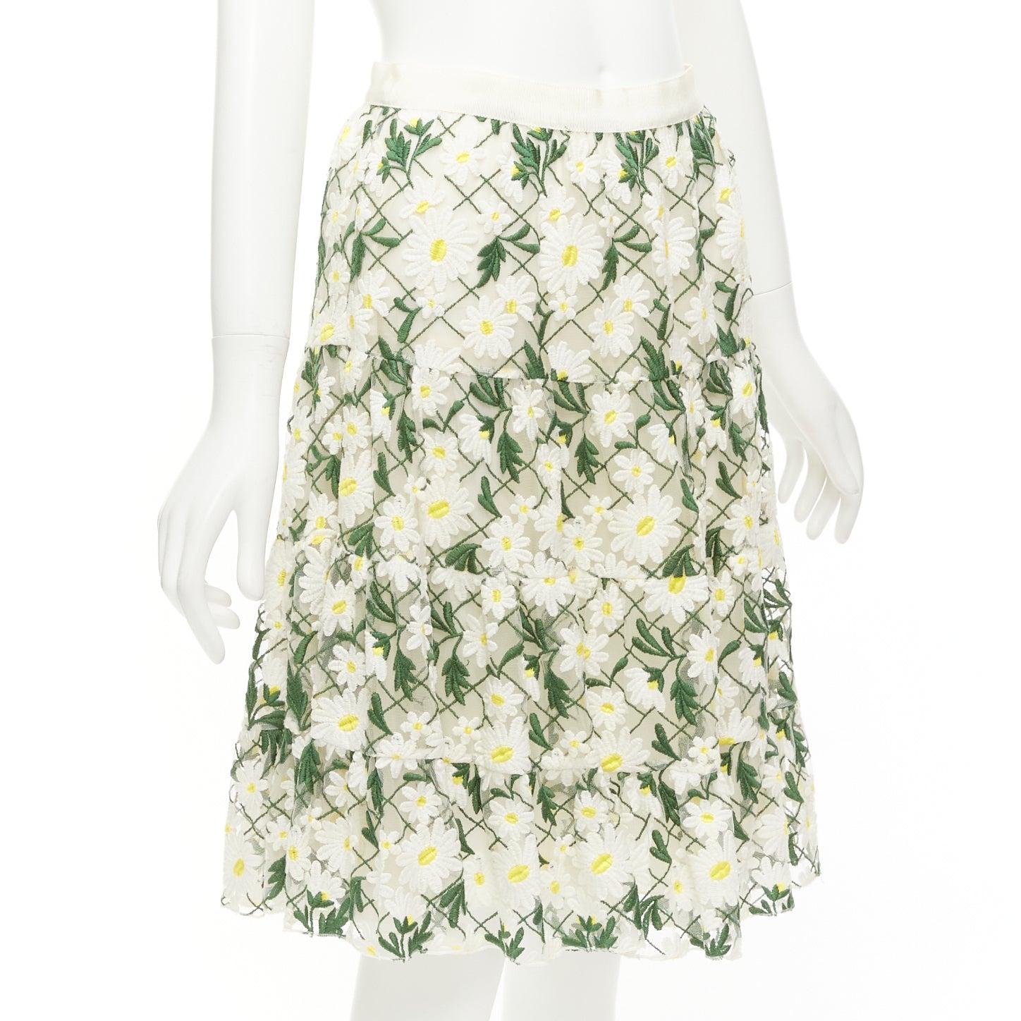 Beige GIAMBATTISTA VALLI white green embroidered daisy cotton blend midi skirt IT38 XS For Sale