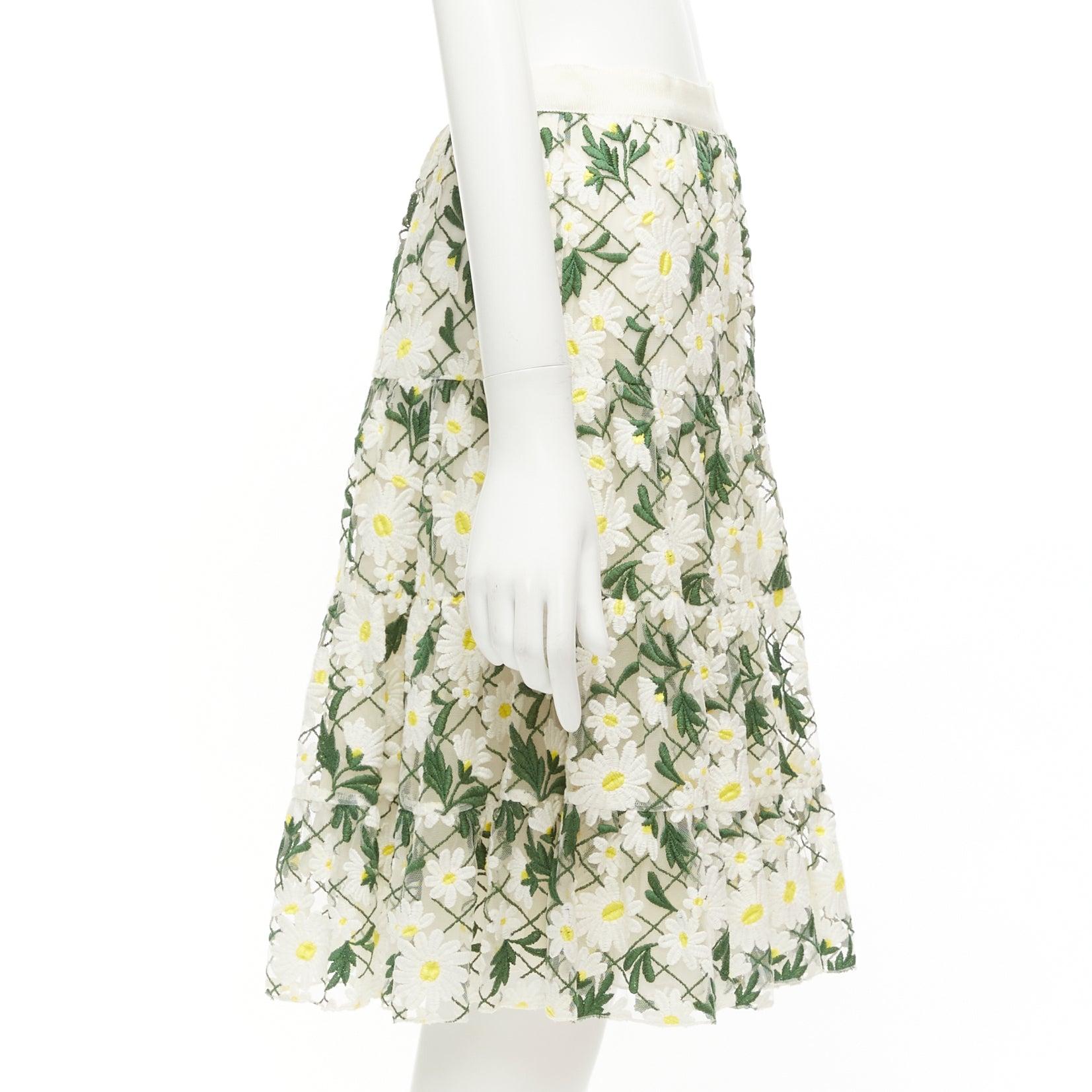 GIAMBATTISTA VALLI white green embroidered daisy cotton blend midi skirt IT38 XS In Excellent Condition For Sale In Hong Kong, NT