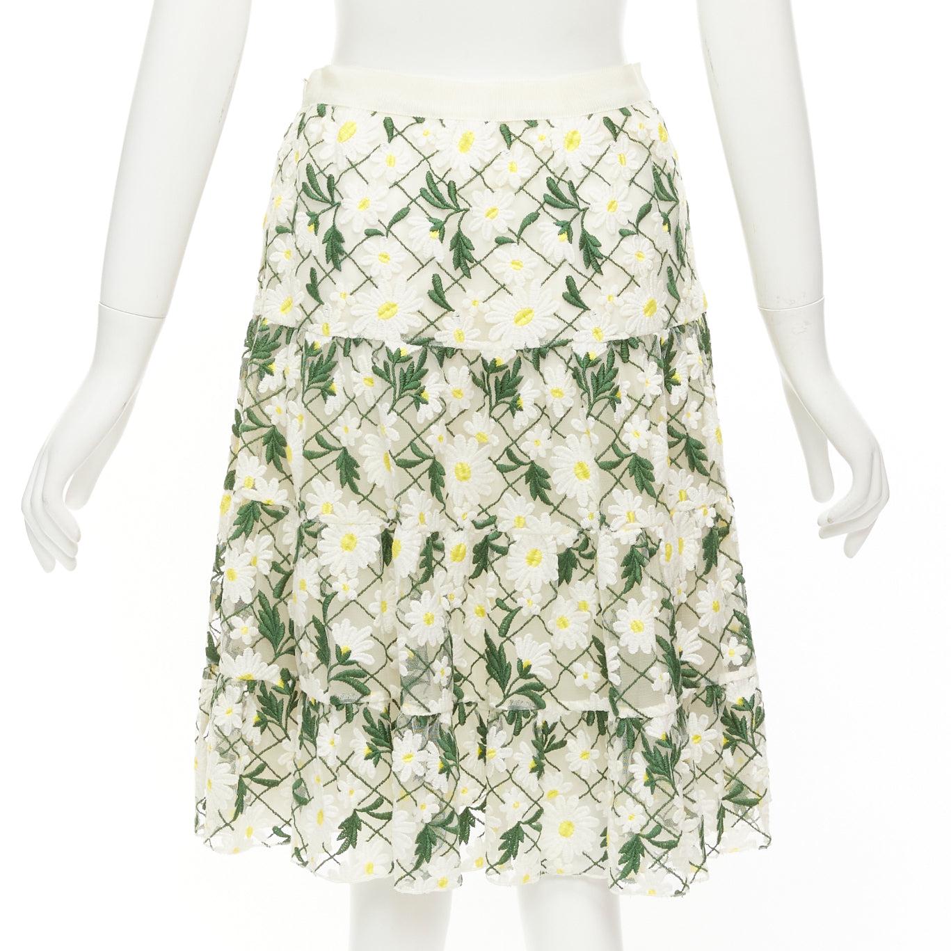 Women's GIAMBATTISTA VALLI white green embroidered daisy cotton blend midi skirt IT38 XS For Sale