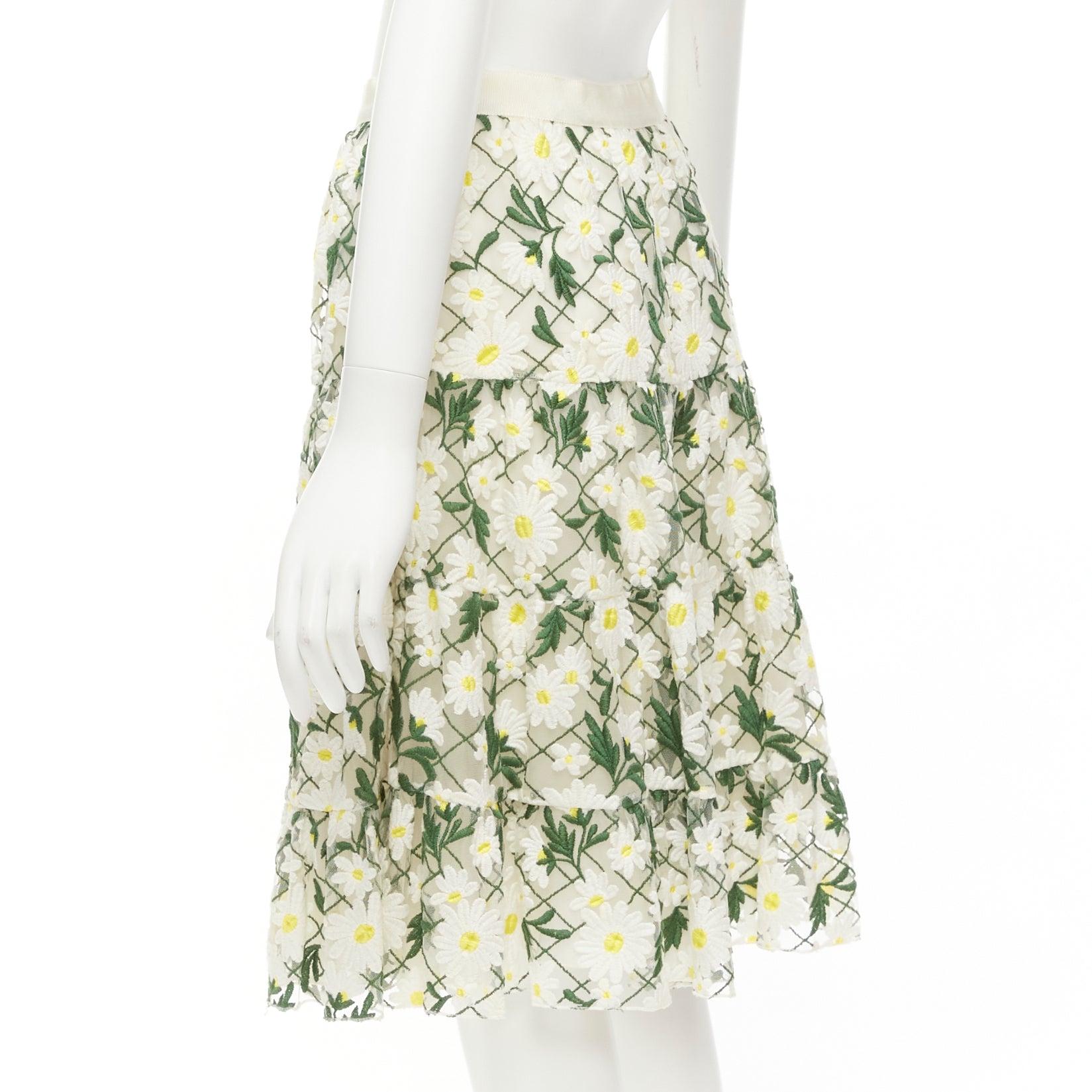 GIAMBATTISTA VALLI white green embroidered daisy cotton blend midi skirt IT38 XS For Sale 1