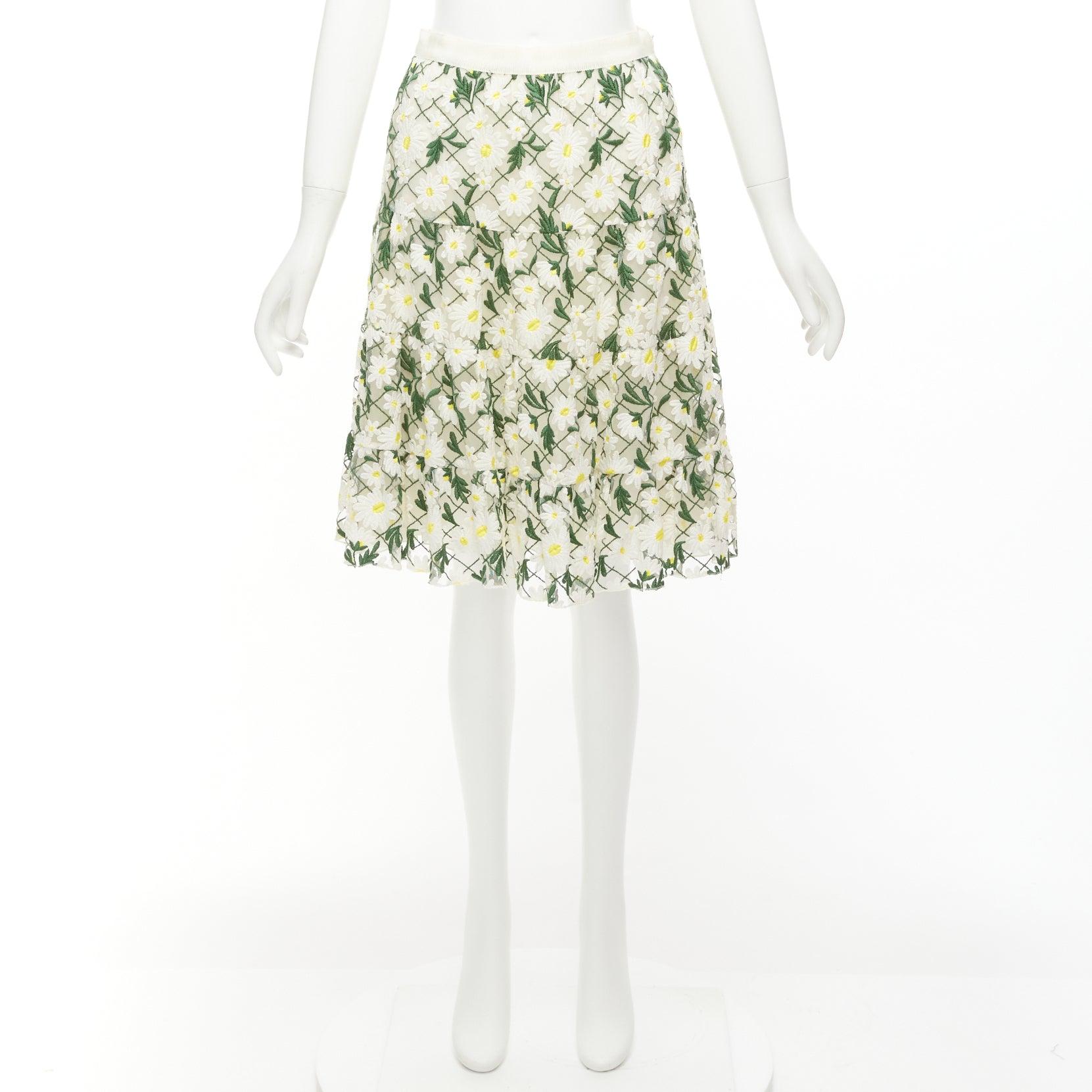 GIAMBATTISTA VALLI white green embroidered daisy cotton blend midi skirt IT38 XS For Sale 4
