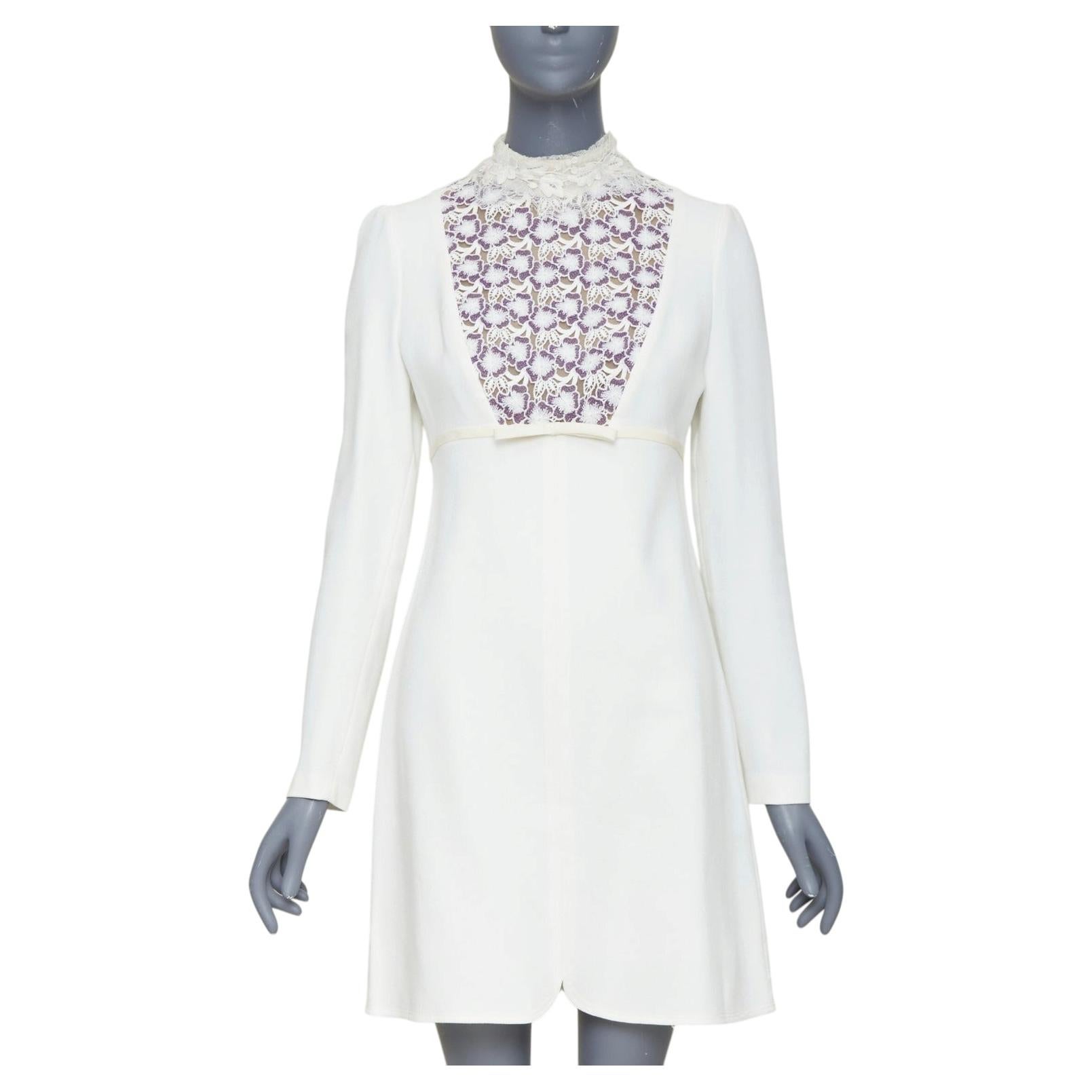 GIAMBATTISTA VALLI wool crepe purple floral lace bib high neck mini dress IT42 S