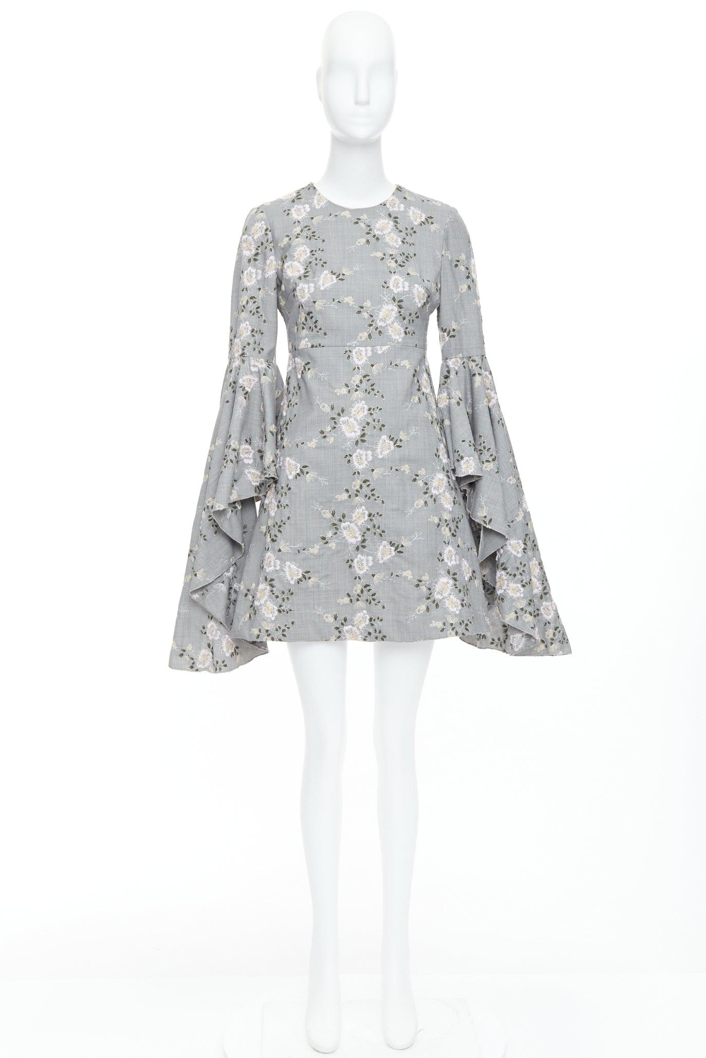 GIAMBATTISTA VALLI wool floral embroidery cascade bell sleeve dress IT38 XXS For Sale 4