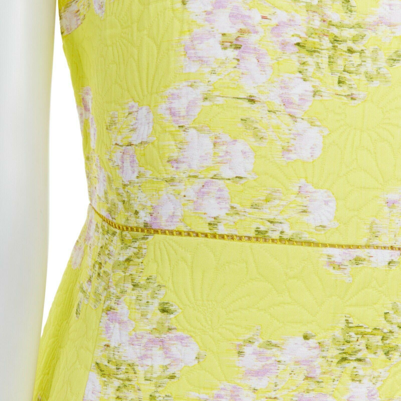 GIAMBATTISTA VALLI yellow cloque pink blossom jacqard silk trimmed dress IT42 S 4