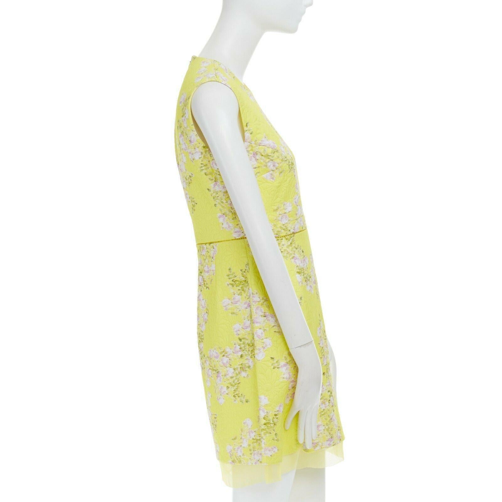 GIAMBATTISTA VALLI yellow cloque pink blossom jacqard silk trimmed dress IT42 S In Excellent Condition In Hong Kong, NT