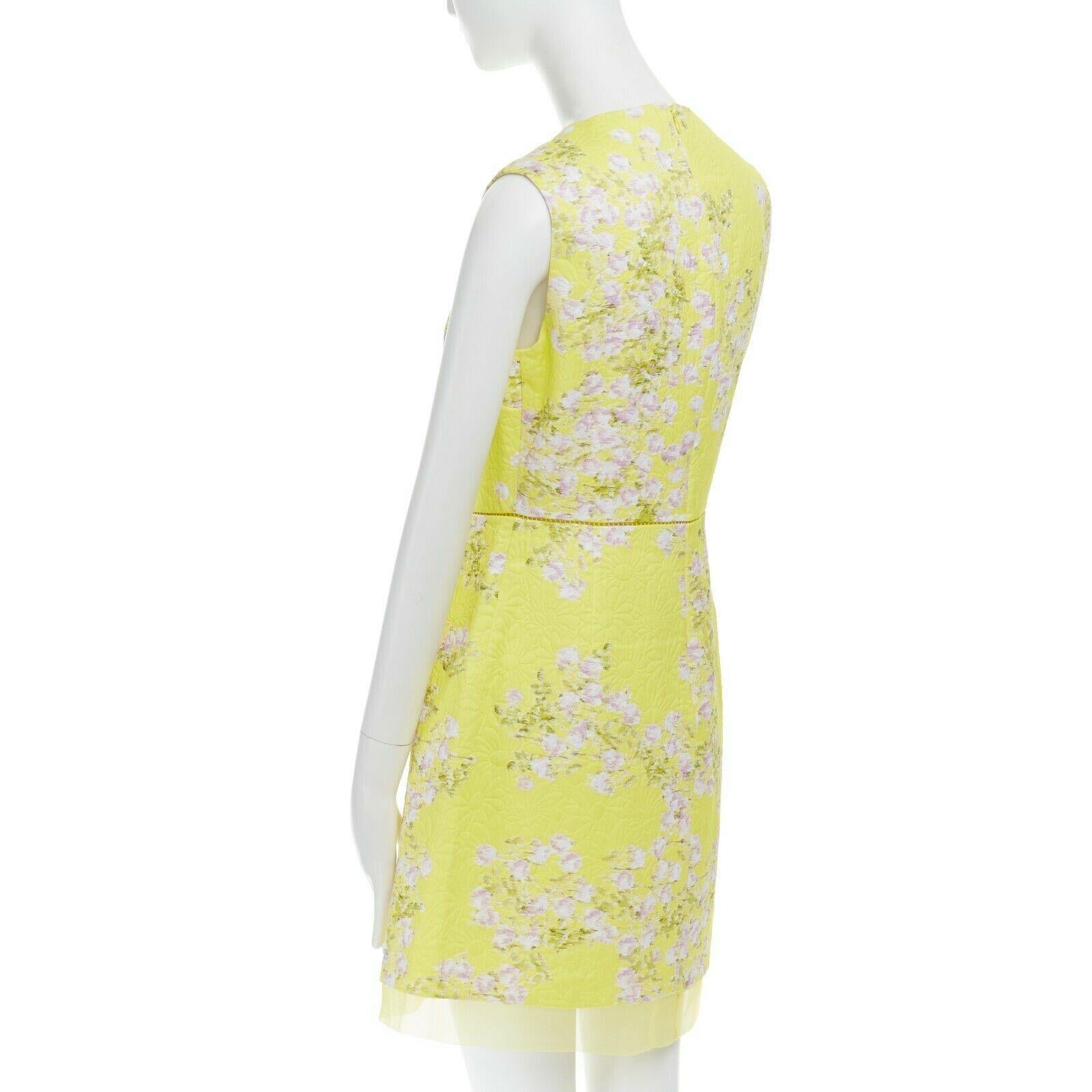 GIAMBATTISTA VALLI yellow cloque pink blossom jacqard silk trimmed dress IT42 S 1