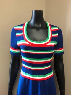 Giamo Knits Vintage 1970s Striped Maxi Dress Blue Red Green Scoop Neck