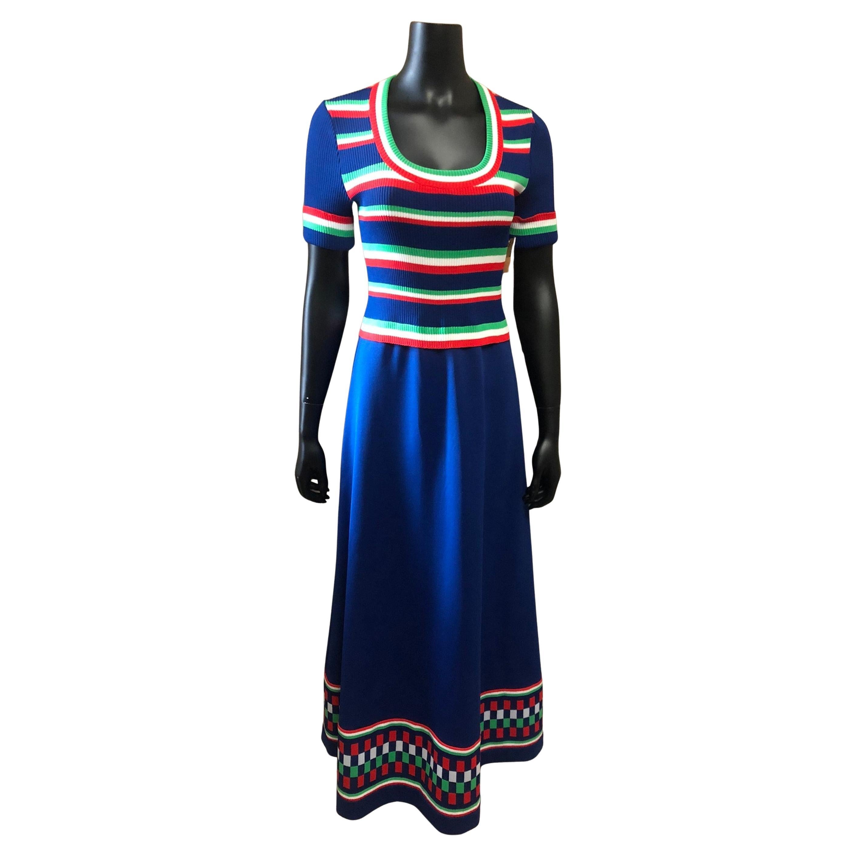 Giamo Knits Vintage 1970s Striped Maxi Dress Blue Red Green Scoop Neck