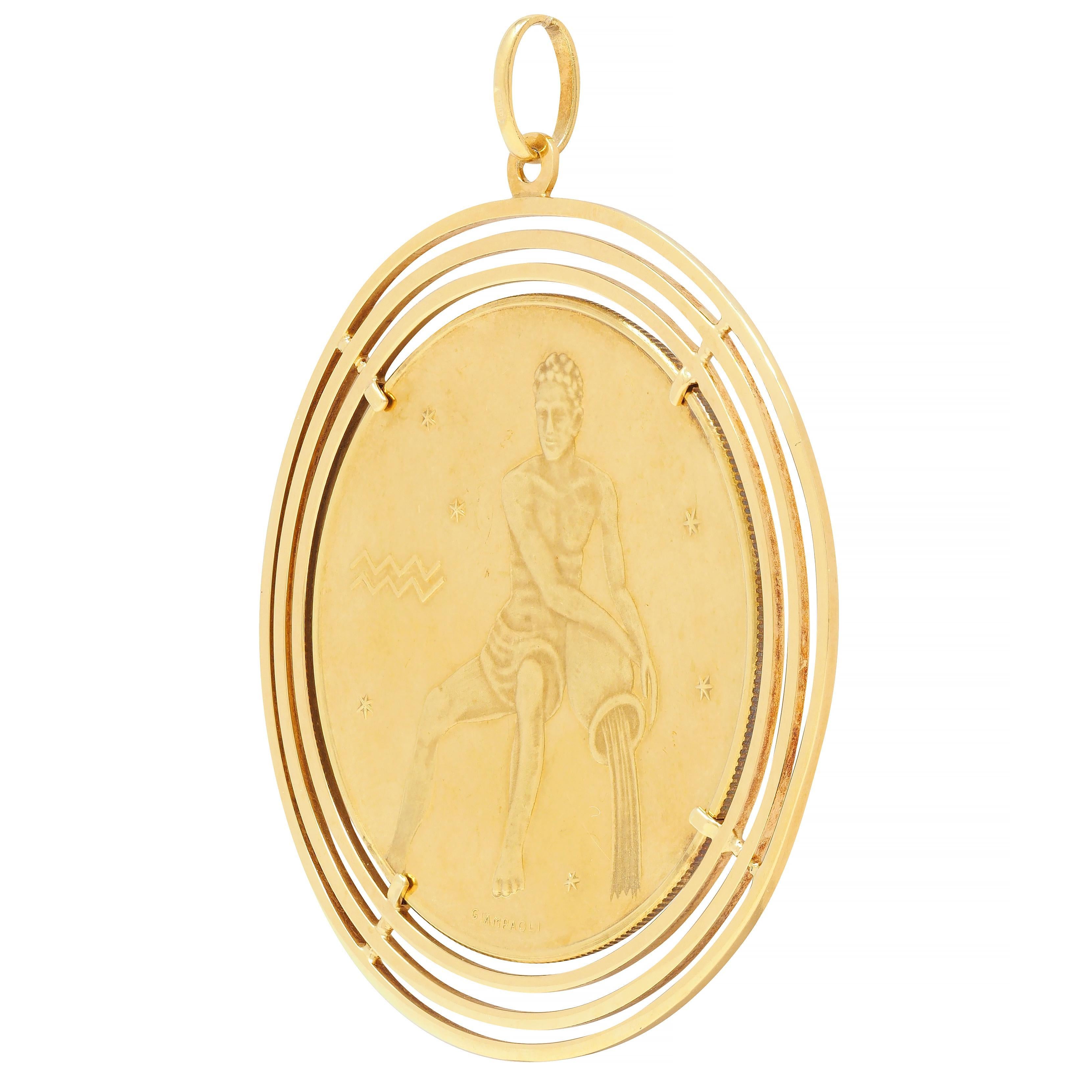 Women's or Men's Giampaoli 1950s 18 Karat Yellow Gold Vintage Aquarius Zodiac Pendant